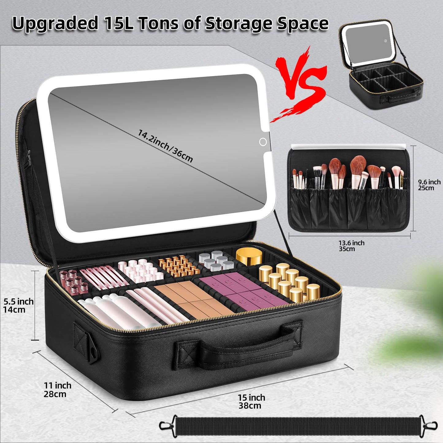 JJhxr 15''X11'' Makeup Bag with Removeable Lighted Mirror, Travel Makeup Case with 3 Color Lights Dimmable Brightness, Large Capacity Cosmetic Organizer Case with Detachable Dividers & Shoulder Strap