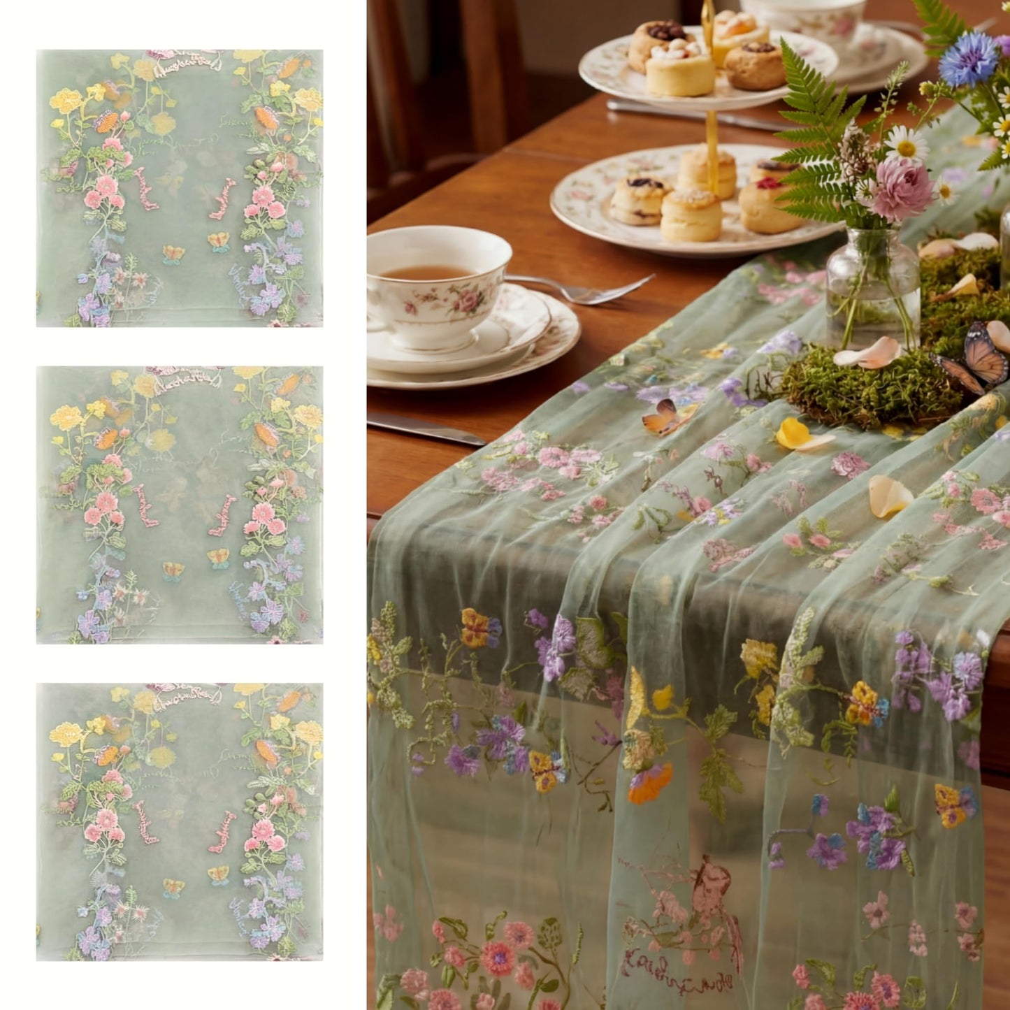 Windkream Sage Green Floral Table Runner 10ft Embroidery Tulle Spring Wildflower Table Runner Seasonal Summer Butterfly Kitchen Dining Gauze Decoration for Wedding Baby Shower Birthday Party (3 Pcs)