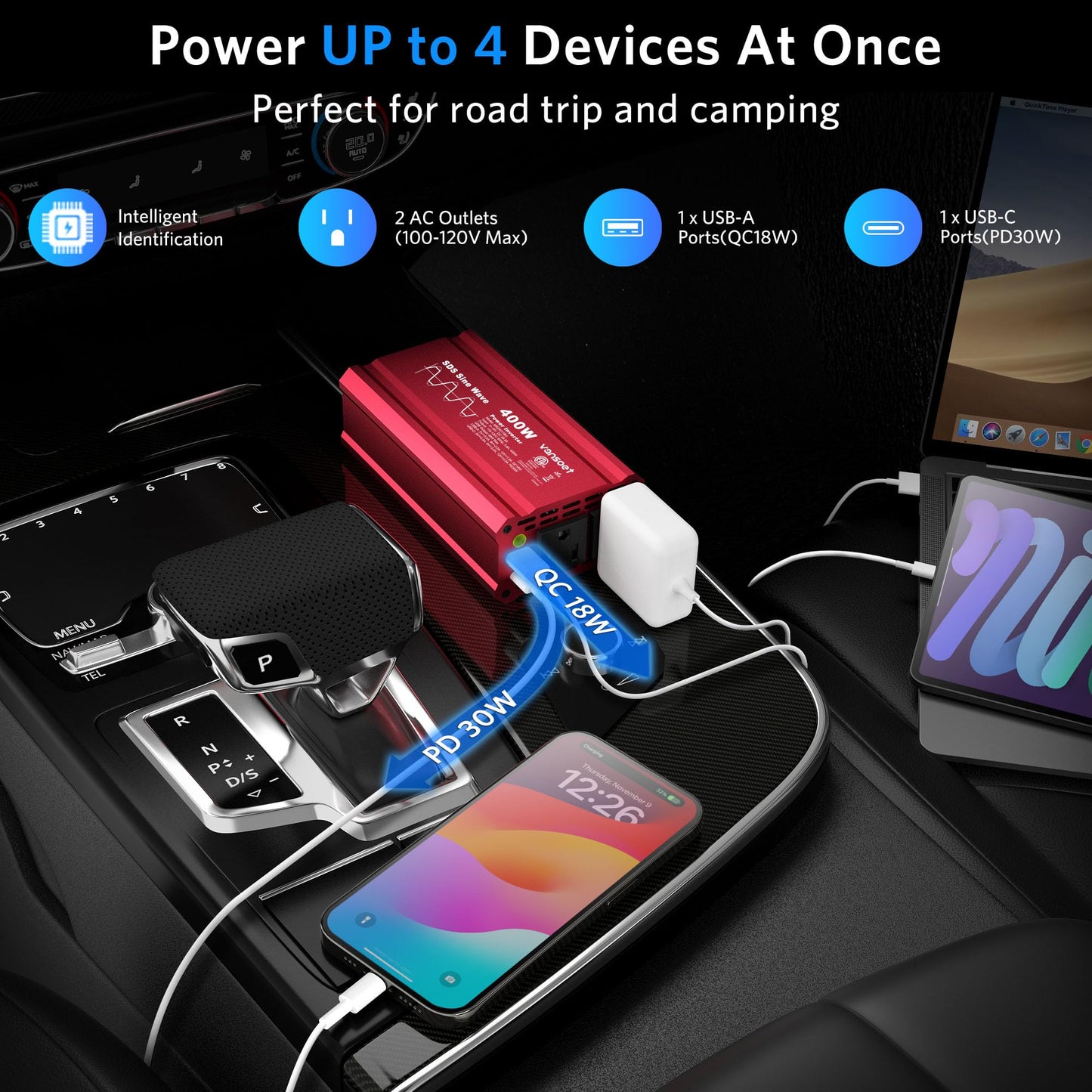 400W Peak Clipped Sine Wave Car Power Inverter DC 12V to AC(2 Outlets) 110V Car Charger Plug Adapter Power Converter with PD3.0 & QC18W Dual USB Charging Ports