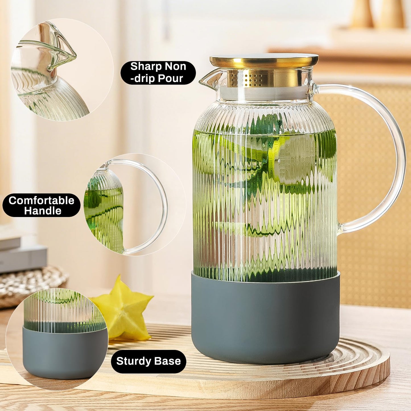 Buaic 2 PACK Glass Pitcher with Lid, 68 oz/ 2 Liter Classic Vertical Stripes Water Pitcher with Silicone Base, Glass Water Carafe for Cold Brew, Coffee, Lemonade, Iced Sun Tea,Beverage,Heat Resistant