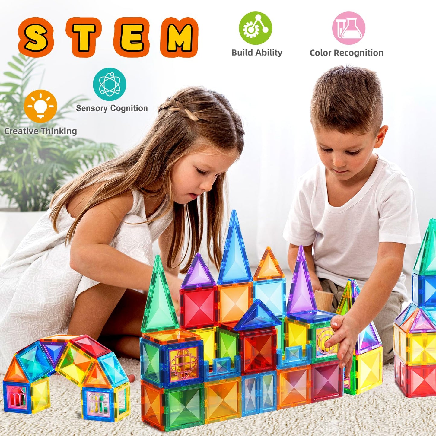 TOKBLOK Clear Diamond Magnetic Tiles – 64-Piece STEM Learning Building Blocks for Kids Ages 3-8 | Educational Montessori Toy for Toddlers, Boys & Girls (Starter Set)
