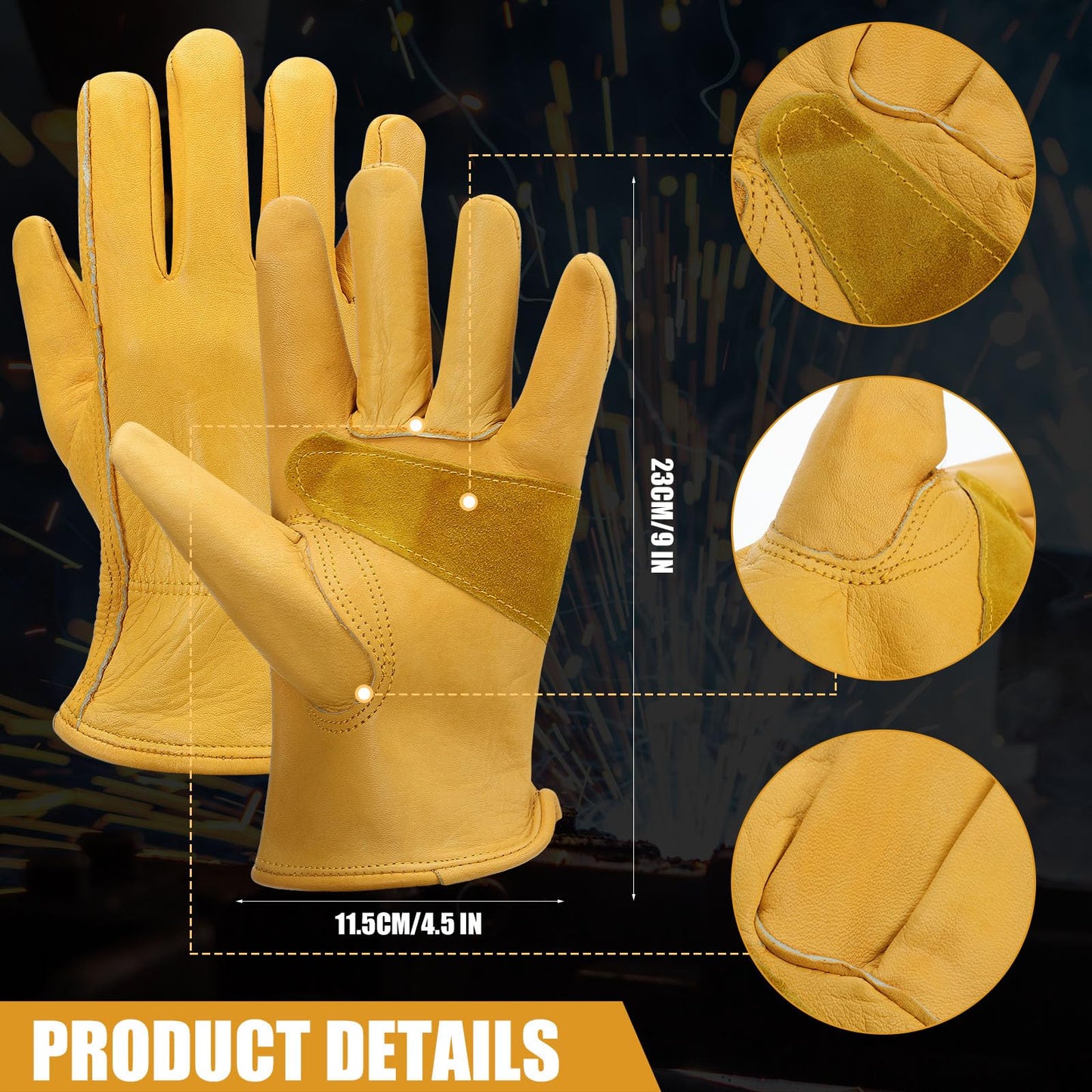Sintuff 16 Pairs Men's Cowhide Leather Gloves Cowhide Leather Gardening Gloves with Reinforced Palm Stretchable Wrist Tough for Wood Cutting, Construction, Driving, Garden Working(Medium,Yellow)
