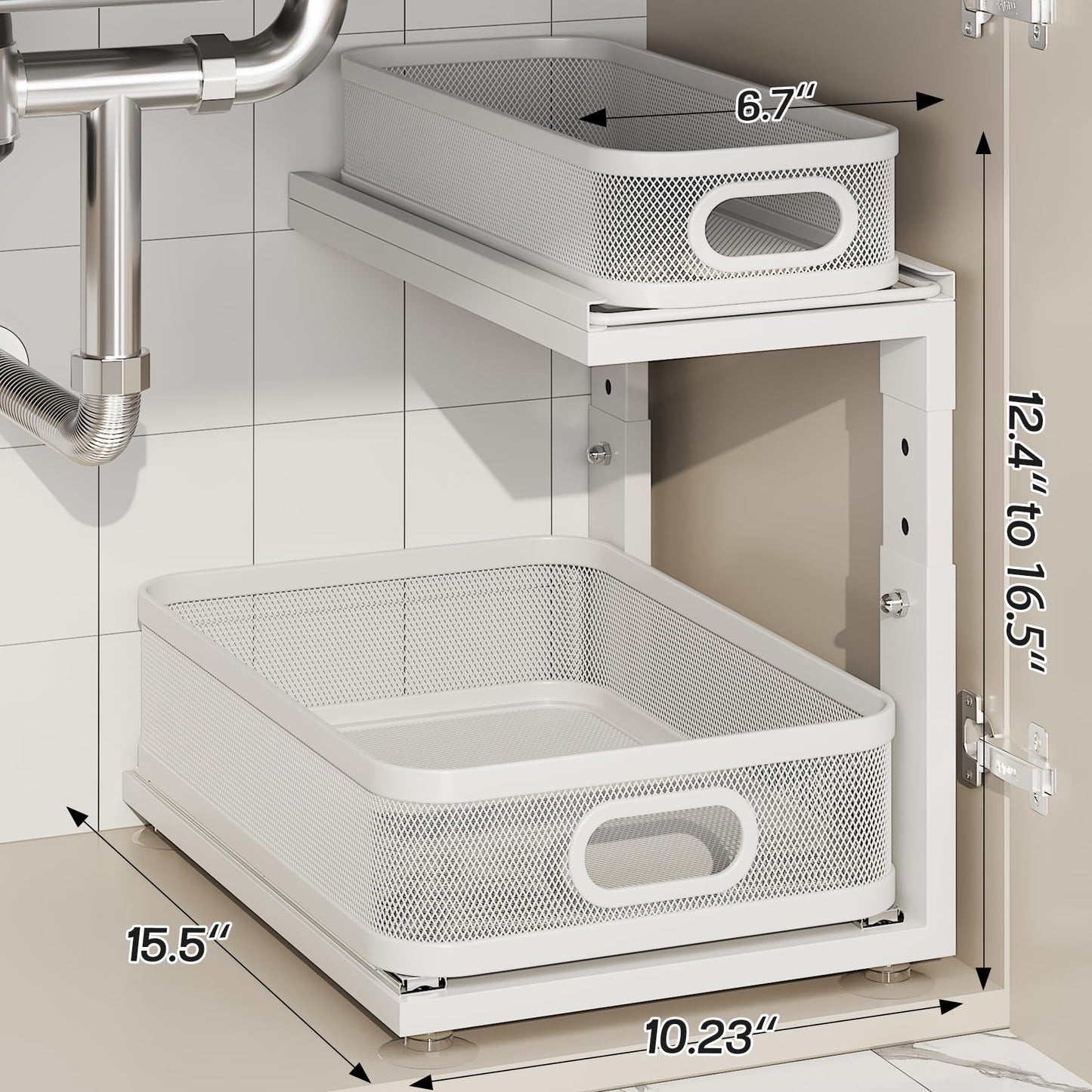Corbyles 2 Pack Under Sink Organizer With Next-Gen Ball-Bearing Slides,2-Tier Precision Mesh Pull Out Cabinet Drawers Storage for Bathroom&Kitchen,Height Adjustable Shelf,Rust-resistant-Patent Pending