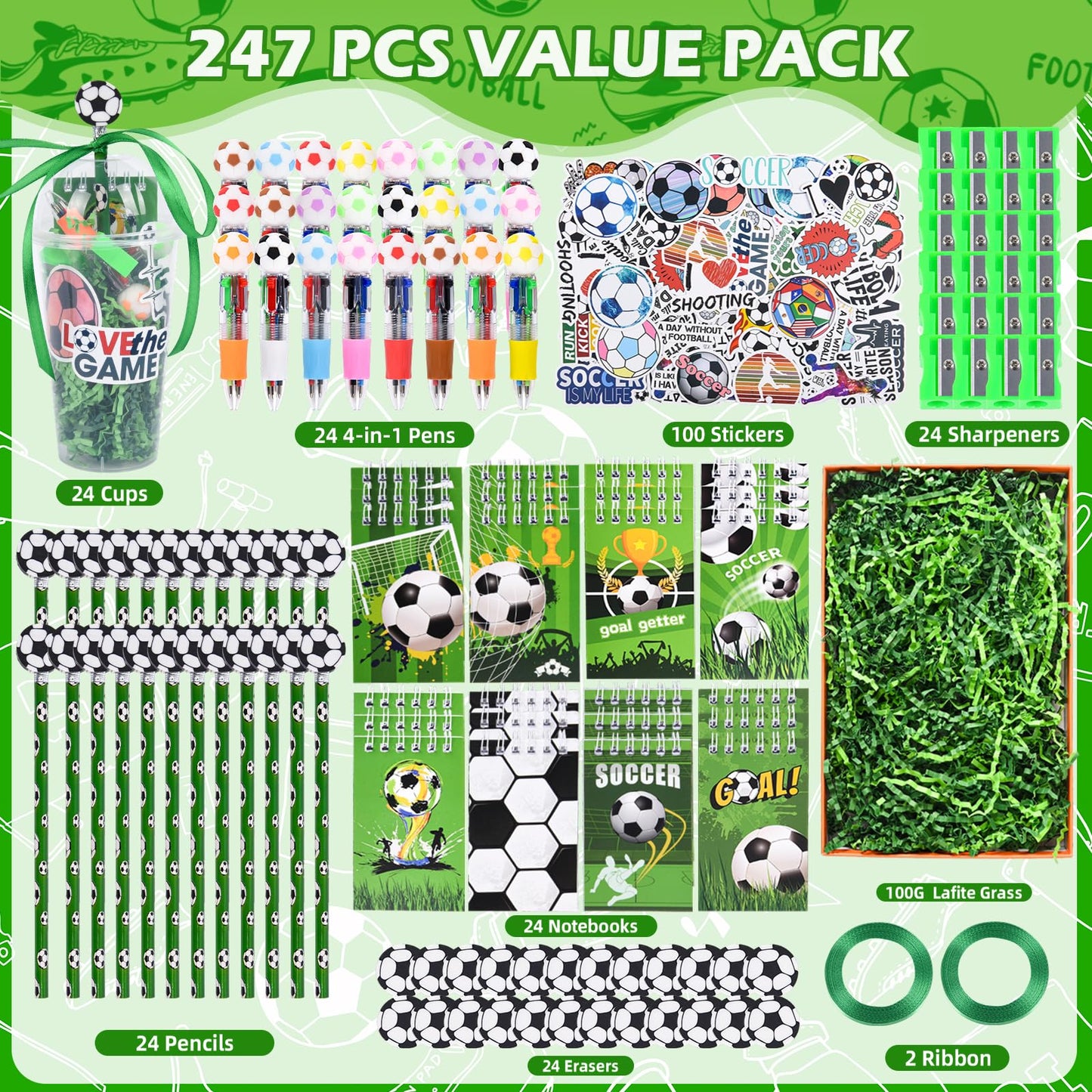 LiYiQ 247 Pcs Soccer Party Supplies Return Gifts for Party, Student Stationery Gifts from Teacher Rewards Prizes, Pencil Erasers Notebooks Stickers for Soccer Classroom Birthday