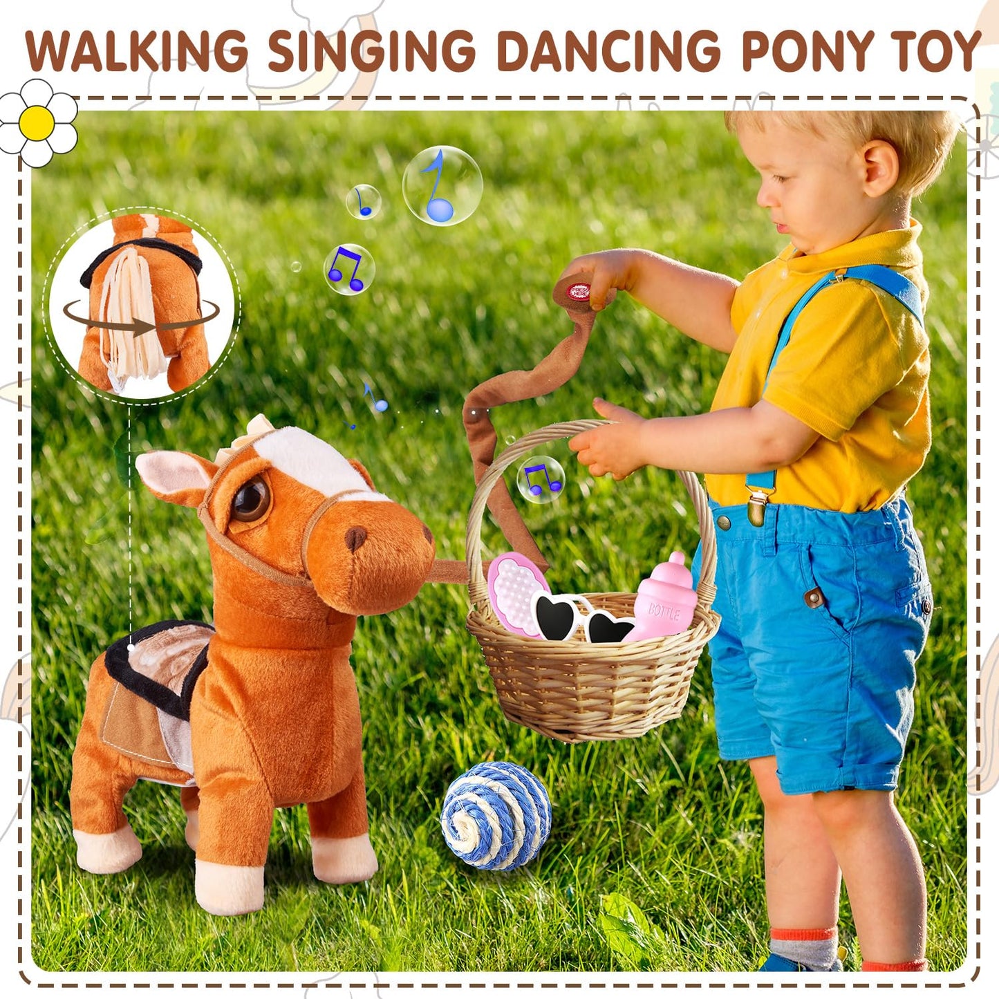 HCdoujoy Brown Walking Pony for Kids Plush Interactive Singing Dancing Musical Realistic Pet, Stuffed Animal Shaking Leash Horse Head Buttocks Toy for Boys Girls or Toddlers