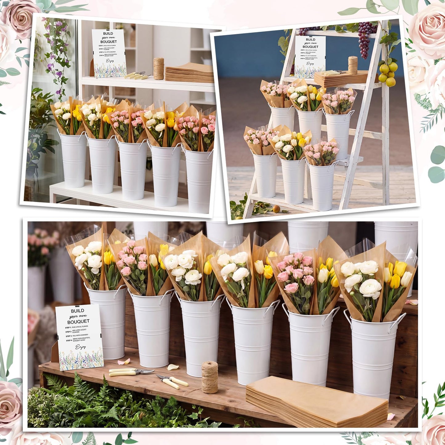 Thenshop 60 Pieces Wedding Flower Bar Set Includes 6 Metal Vases, 50 Bouquet Wrapping Bags, 2 Scissors, Flower Bar Sign and Hemp Rope for Wedding Reception Table, DIY Bouquets, Party Gifts(White)
