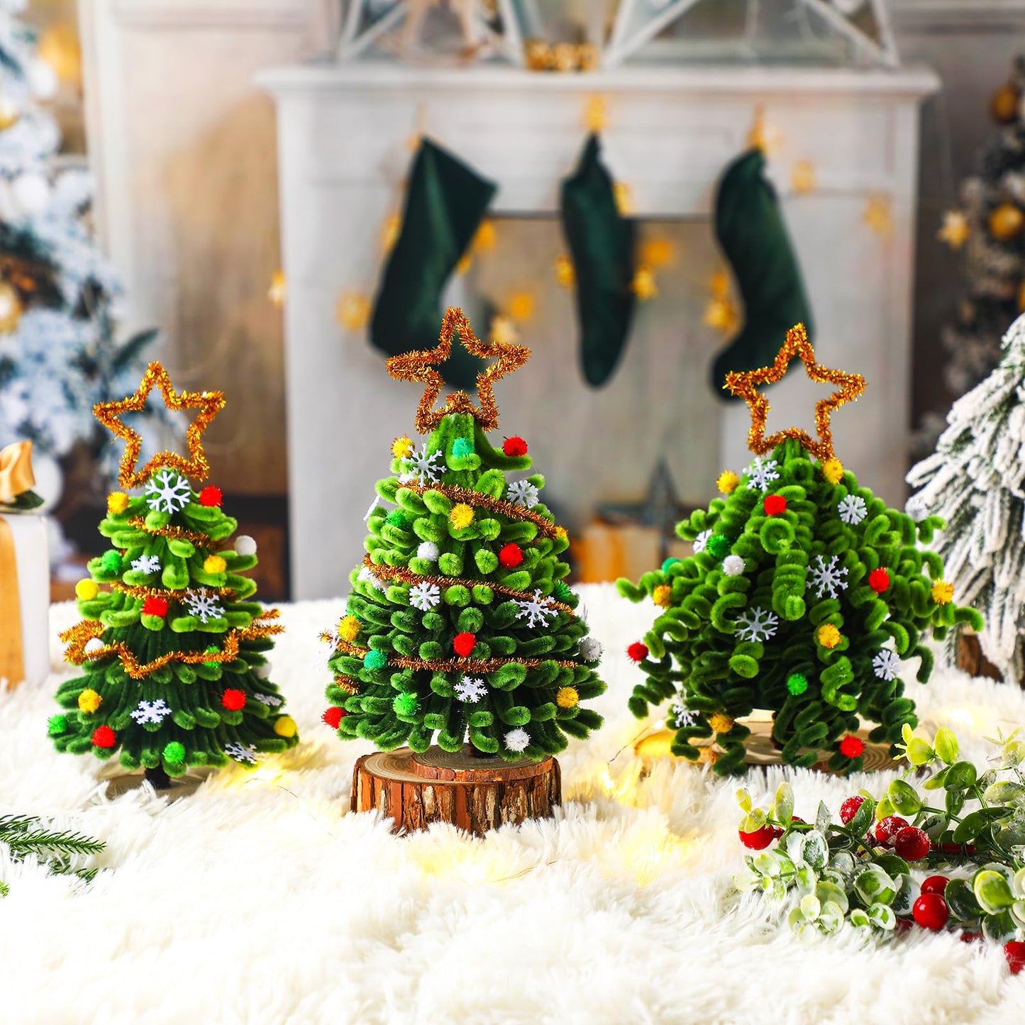 Soulchen 30 Kit DIY Christmas Tree Craft Pipe Cleaners Craft Christmas Colors Chenille Stems Supplies Easy Make Xmas Tree Ornaments Accessories for Holidays Gift School Project
