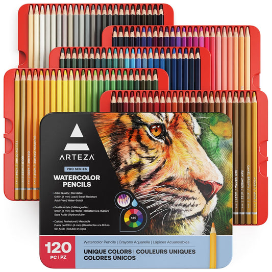 Arteza Watercolor Colored Pencils for Adult Coloring, Set of 120 Colored Pencils, Art Drawing Pencils in Bright Assorted Shades, Art Supplies for Blending, Layering, and Watercolor Techniques