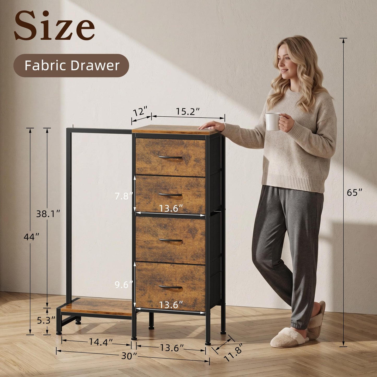 HIGDBFE Dresser with Hanging Rack, 4 Drawers Small Closet for Bedroom, Reversible Fabric Kids Chest of Drawers with Clothes Rack, Tall Storage Tower, Sturdy Frame, Rustic Brown, 44''H