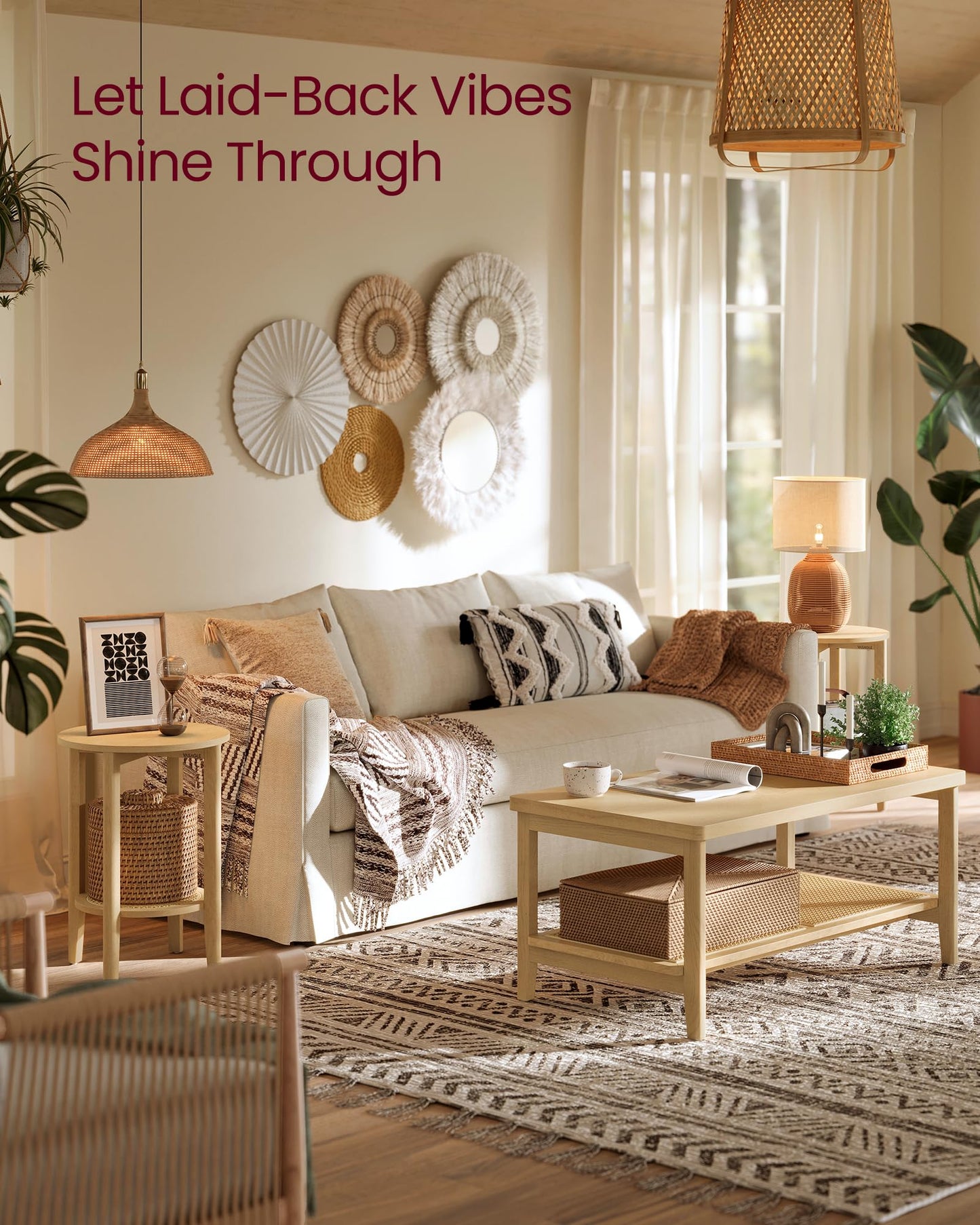 VASAGLE Round Side End Table, 2-Tier Boho Bedside Table with Rattan-Look Storage Shelf, Nightstand for Small Spaces, for Living Room, Bedroom, Home Office, Oak Beige ULET296Y01
