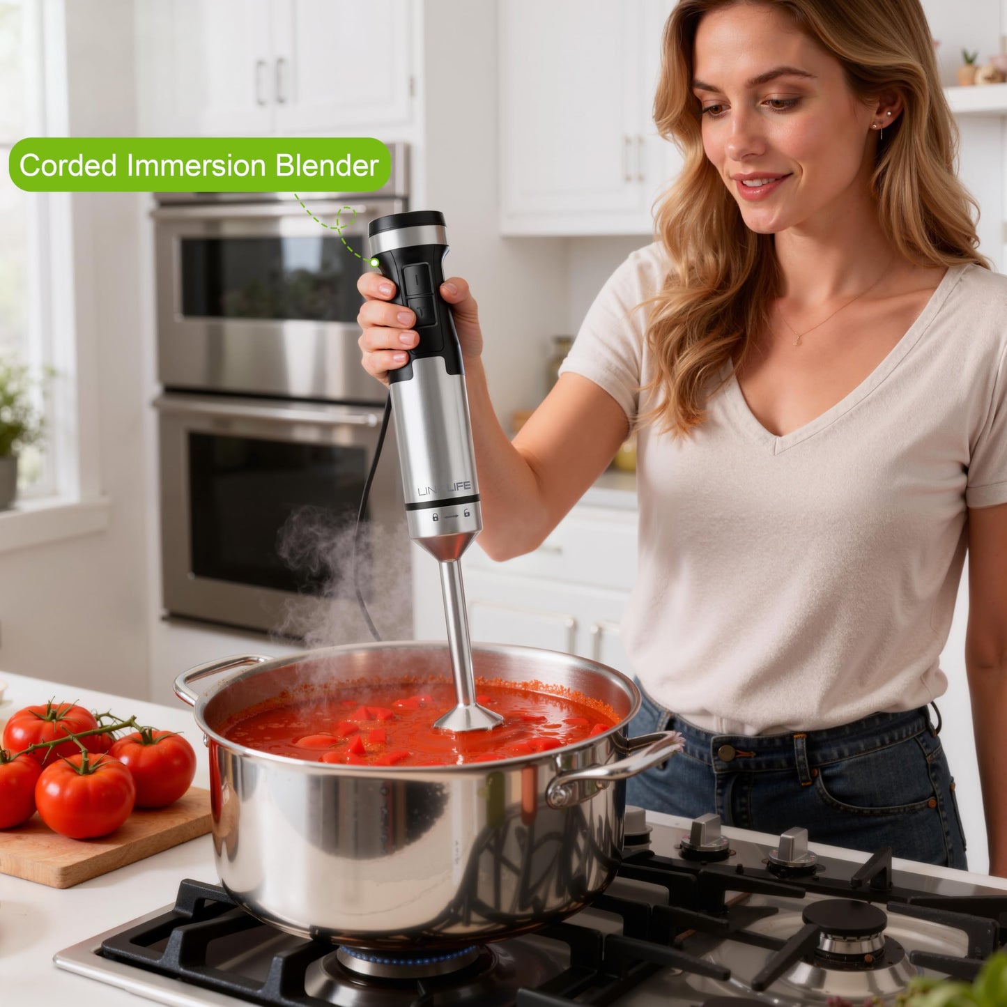 1200W Immersion Blender Handheld, 5-in-1 Variable Speed Emulsifier Hand Blender Stick with Whisk Chopper Milk Frother Mixing Cup and Storage Rack for Kitchen Soup, Purees, Baby Food and Smoothies