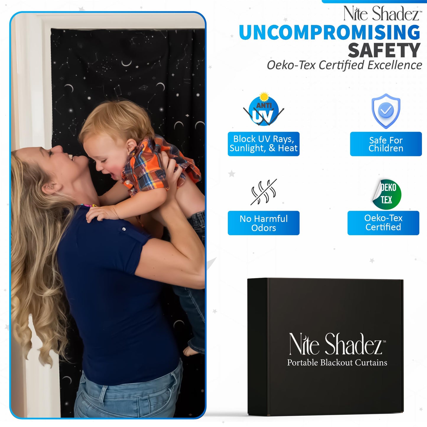 Portable Blackout Curtains (60" x 80") - Travel Blackout Curtains for Baby Nursery w/Stars - Portable Blackout Shades w/UV & Thermal Protection - 20 Stick on Suctions & Velcro Blackout Window Cover