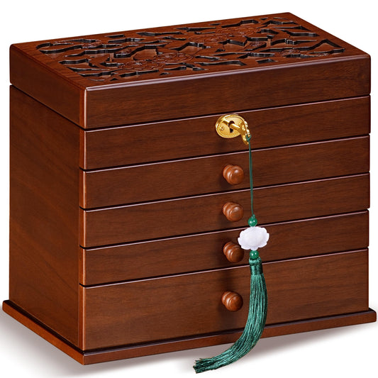Artisticbox Vintage Wooden Jewelry Box with Dual Key Lock, Carved Top, Necklace Hooks – Antique Jewelry Organizer for Dresser Tabletop, Jewelry Storage Boxes for Women