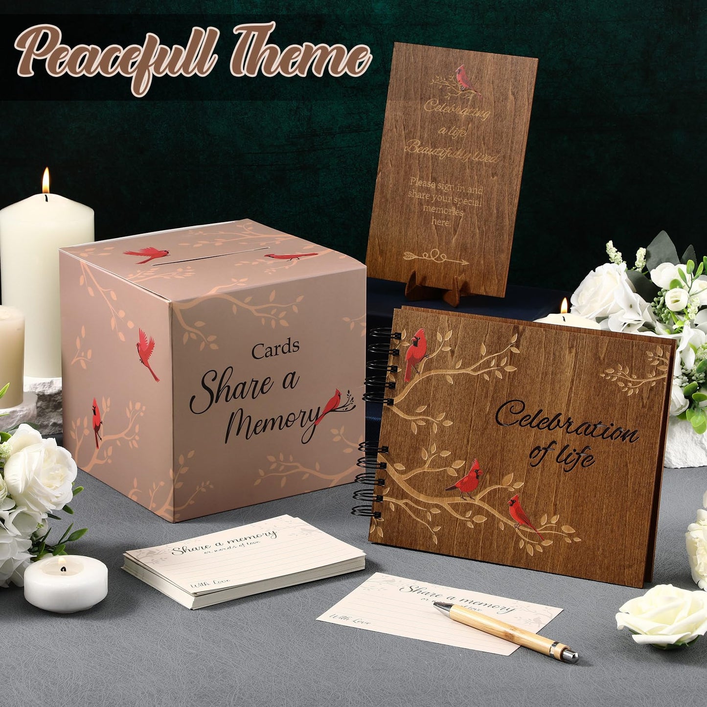 Engrowtic 64 Pcs Funeral Guest Book Set for Memorial Service Celebration of Life Wooden Guest Book in Loving Memory with 60 Share a Memory Card, Cards Box, Table Sign and Pen(Wood,Cardinal)
