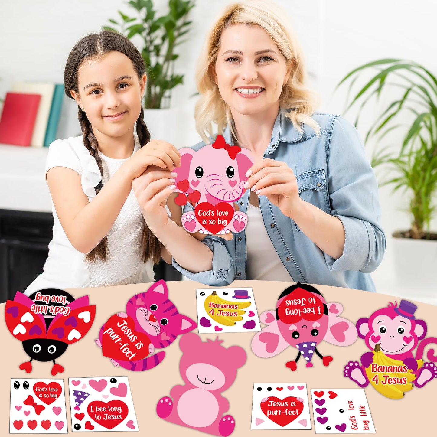 Lonfliness 36 Sets Valentine's Day Religious Animal Craft Kits for Kids Valentine's Heart Jesus Sticker Crafts Make Your Own Christian Arts Crafts for DIY Home Sunday School Classroom Activity Decor