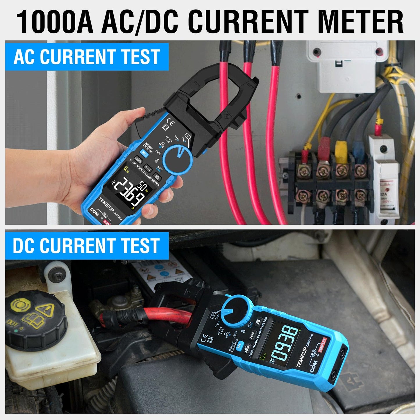 Inrush Digital Clamp Meter Multimeter - TEMIRUP T-RMS 6000 Counts 1000A Amp Voltage Tester with VFD, LOZ, Measures NCV, AC/DC Voltage Current, Continuity Capacitance Frequency Resistance, Temperature