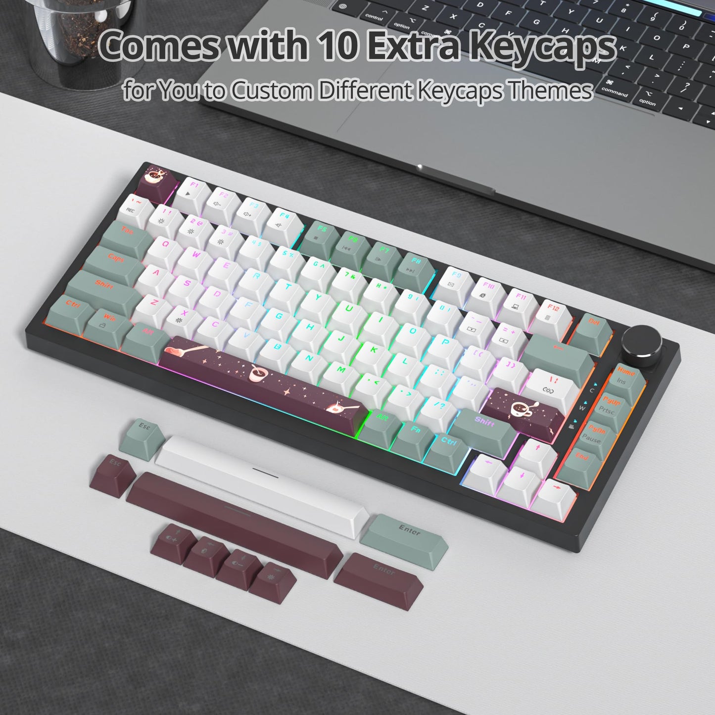 iRoboosta 75% Green Mechanical Gaming Keyboard, Hot Swappable RGB Custom Keyboard with Knob, Gasket Mount Wired TKL Red Switch Keyboard 75 Percent, Creamy Mechanical Keyboard (82 Green White)