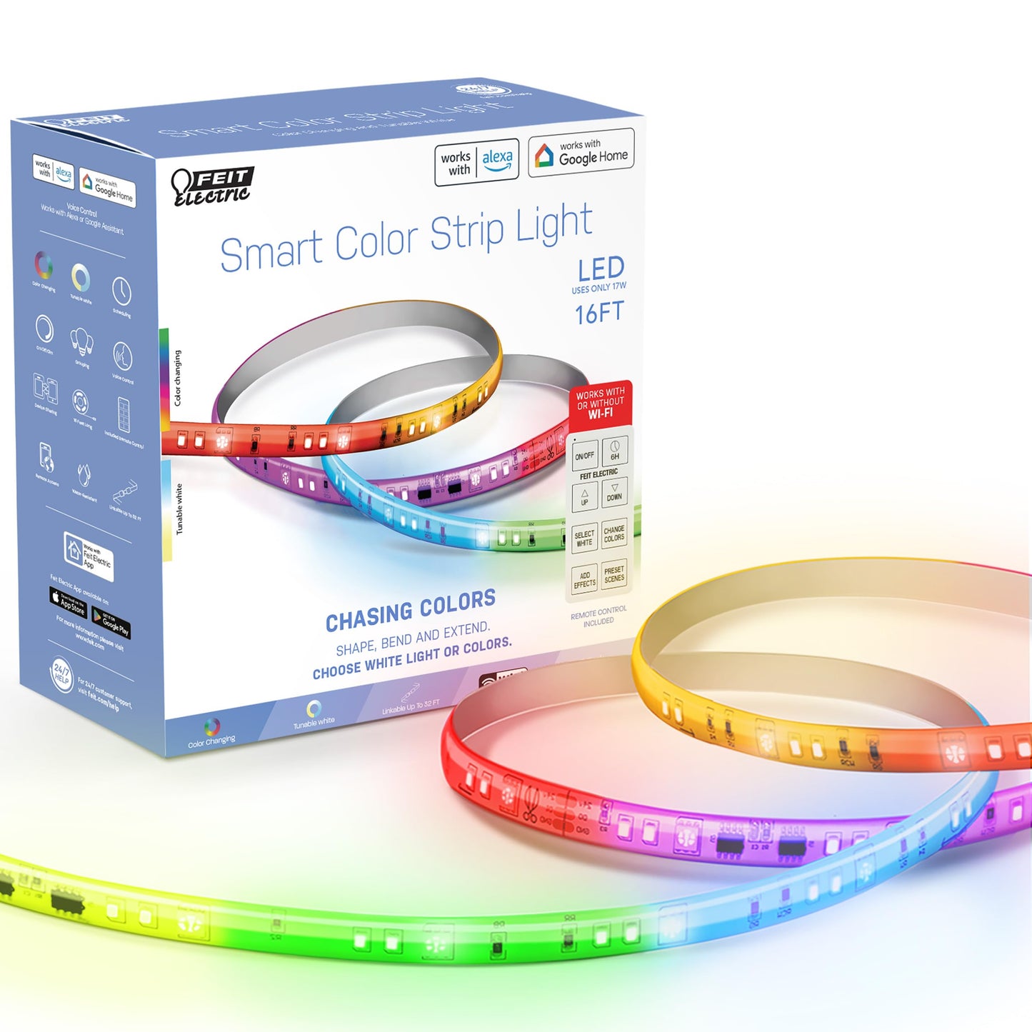 Feit Electric Smart Light Strip 16FT, Ultrathin RGBW Color Chasing LED Light Strip, 2.4GHz Wi-Fi Enabled, Works with Alexa and Google Home Assistant, Remote Control, (0.4in x 192in) TAPE192/CHASE/AG