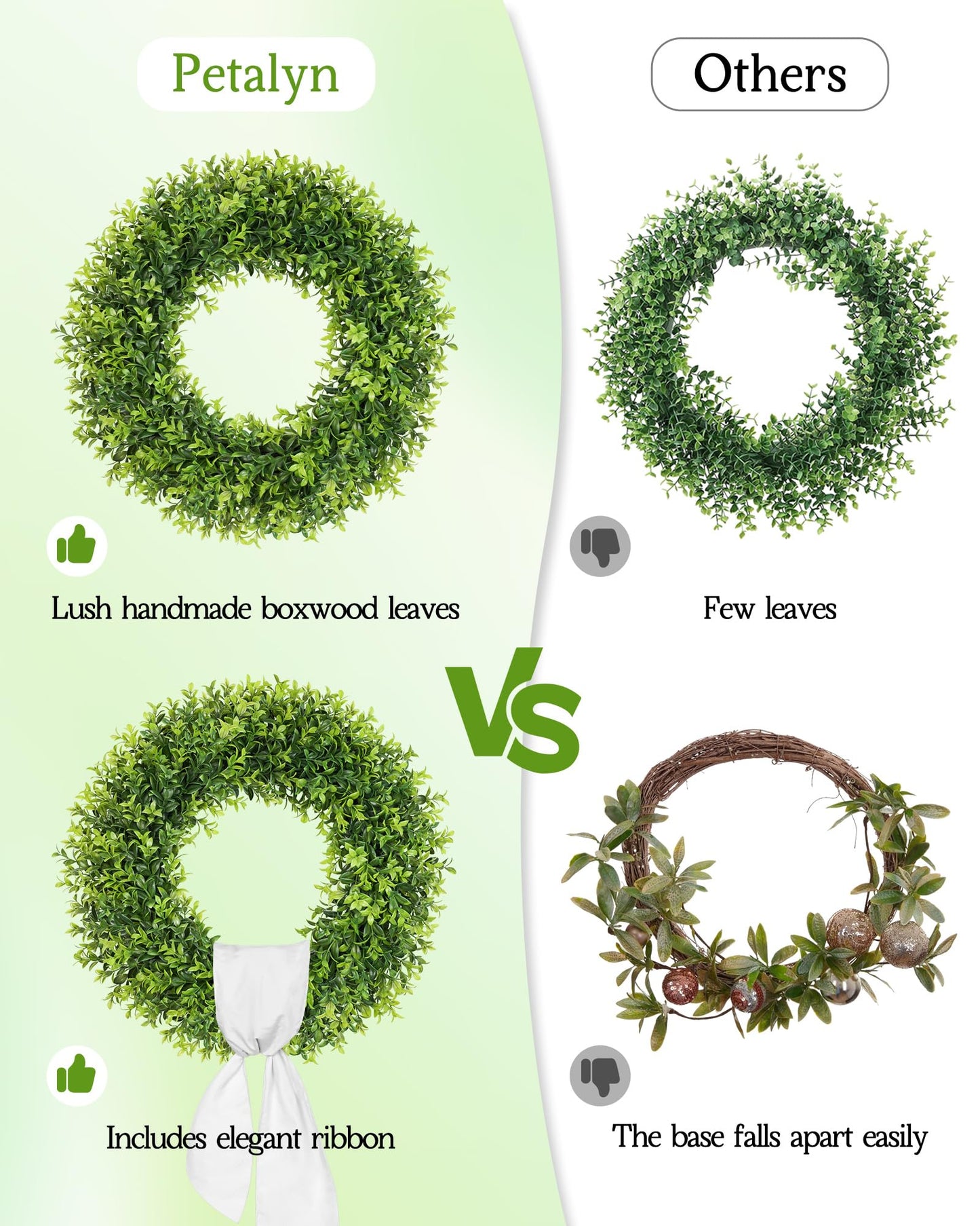 Petalyn 24 Inch Large Boxwood Wreath Spring Summer with Sash Artificial Green Wreaths for Front Door Farmhouse Wedding Window Hanging Wall All Year Round Indoor & Outdoor St Patrick's Day Decor