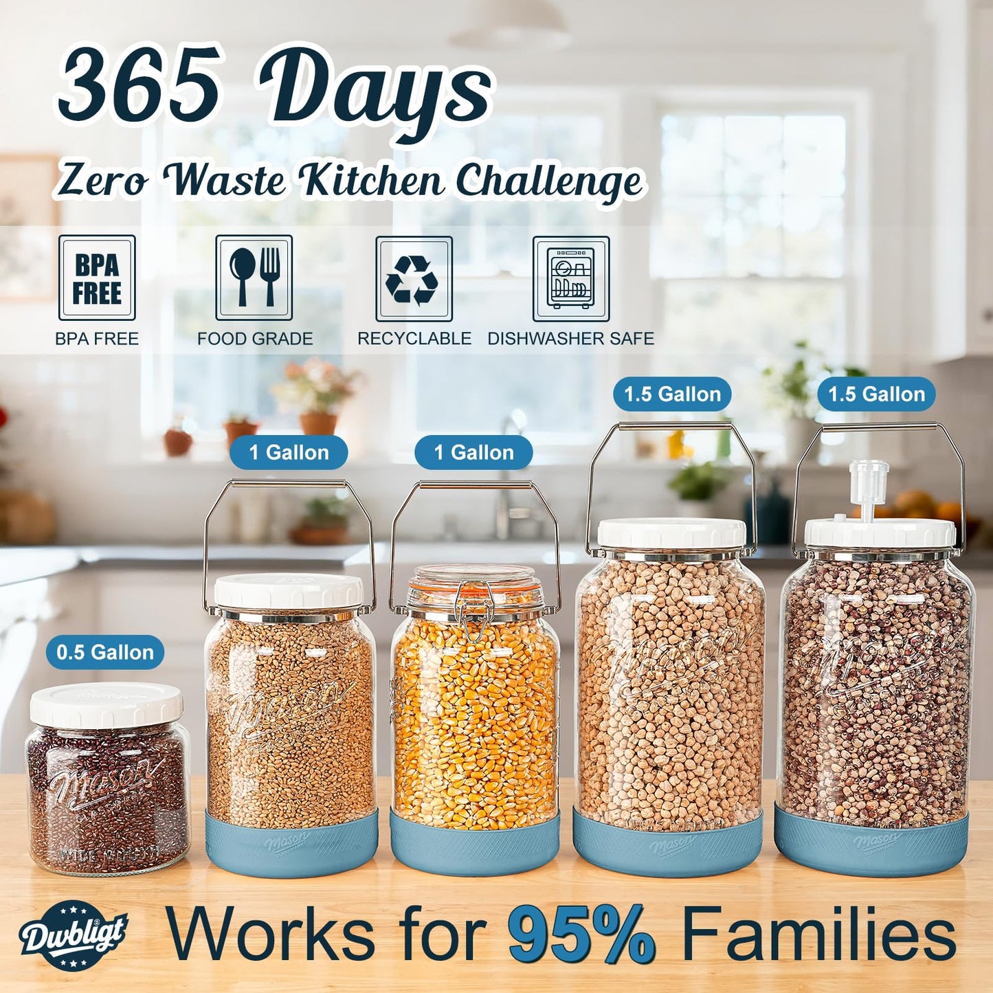 Dwbligt 2 Packs 1 Gallon Glass Jars with Airtight Lids, Wide Mouth Mason Jars with Clip Top & Stainless Steel Handle & Silicone Base, Glass Storage Containers for Kitchen Storage, Pickling-Dual Scale