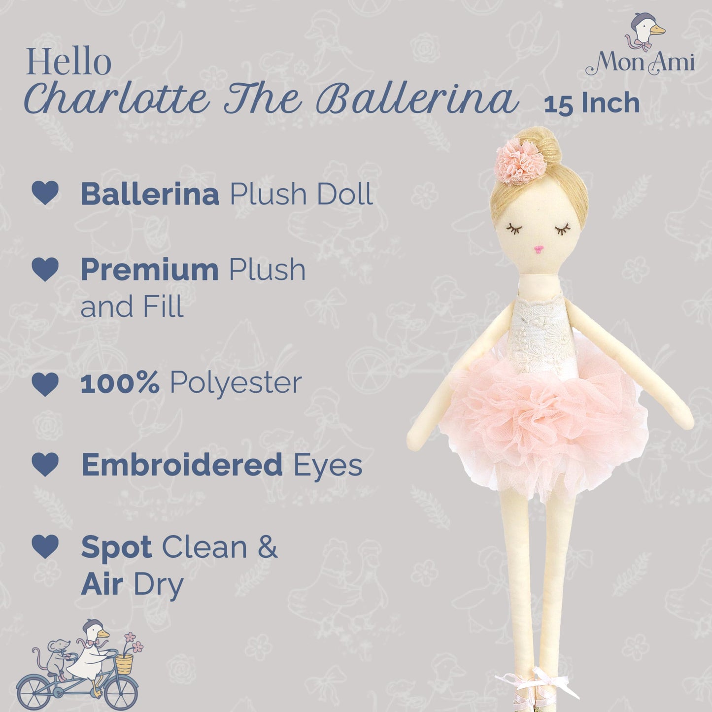 MON AMI Charlotte The Ballerina 15-Inch Stuffed Doll for Girls | Soft Ballerina Plush Doll | Elegant Playtime Companion | Charming Nursery & Bedroom Décor | Plush Gift for All Ages