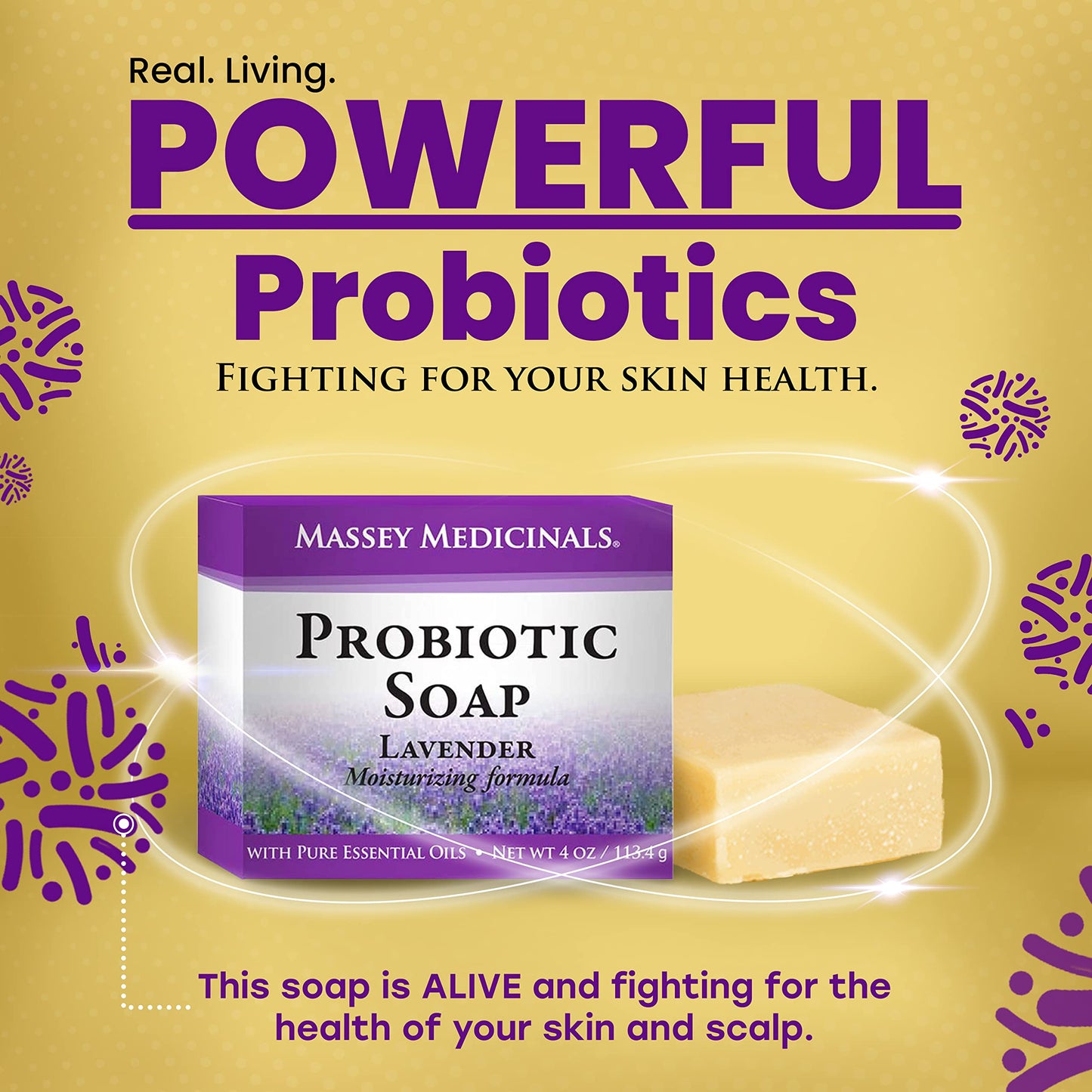 Candida Freedom Massey's Natural Probiotic Soap Bar - Lavender Scented - For Men and Women of All Ages - Refreshing Body Essential with 100% Natural Ingredients - 4oz Bar (Pack of 3)