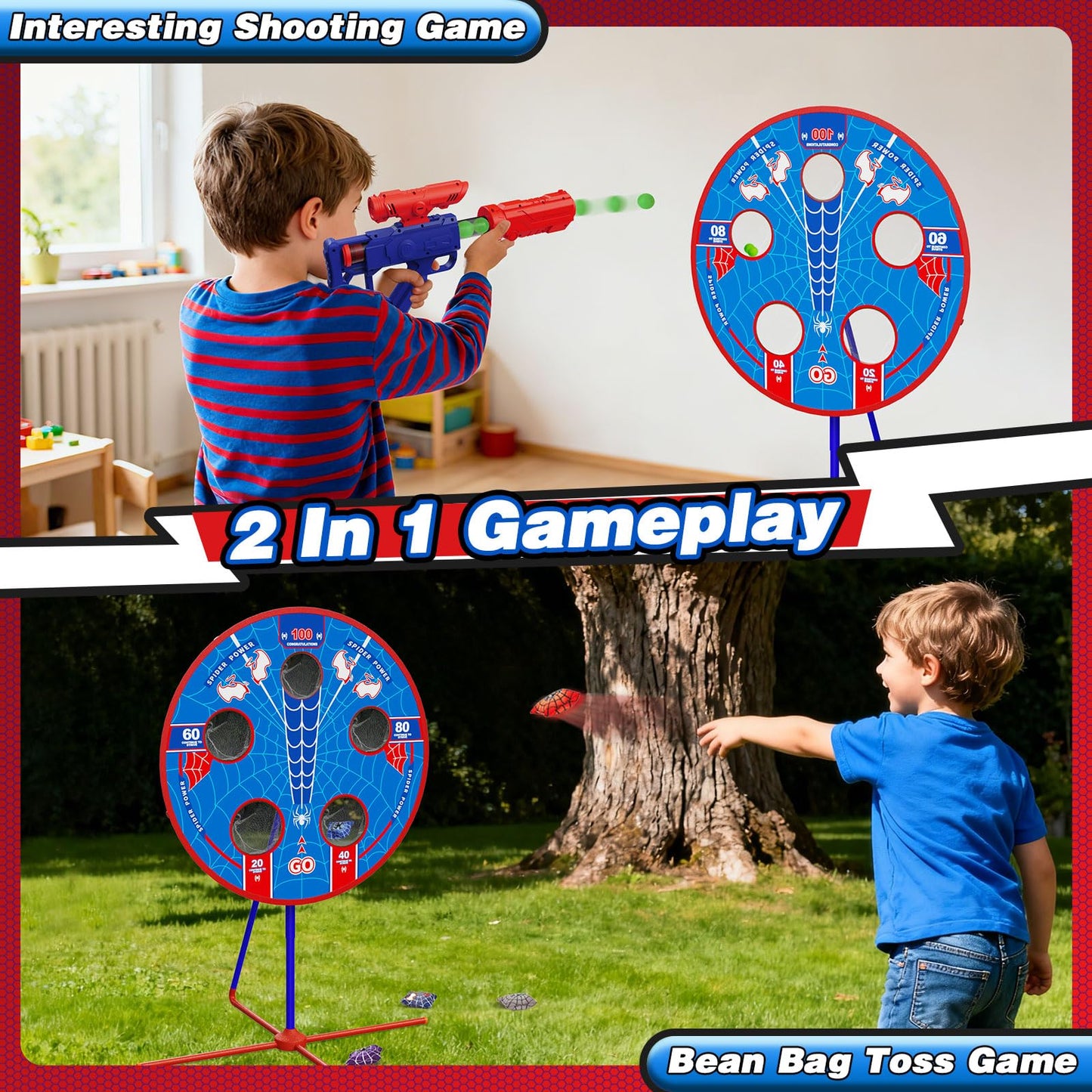 Spider Upgraded 2-in-1 Shooting Games Toys: Rotating Target, 2 Air Blasters & 24 Foam Balls, Bean Bag Toss Game for Kids, Indoor Outdoor Yard Party Games for Boys Girls 4 5 6 7 8 9 10+ Year Old Gift