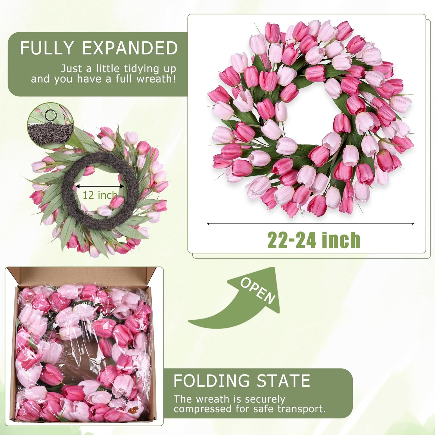 24 Inch Tulip Summer Wreath for Front Door Spring Silk Wreath with Green Leaves Artificial Tulip Flower Wreaths for All Seasons Farmhouse Porch Wall Living Room Home Widding Decor-Red