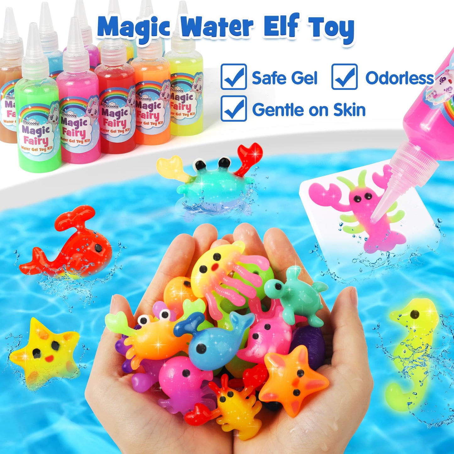 Mocoosy Magic Water Elf Toy Kit for Kids, Glow in The Dark Aqua Fairy Water Gel Kit with 20 Gel & 16 Molds, Make Your Own Squishies, Squishy Maker Waters Pets, DIY Art Crafts, Boys Girls Birthday Gifts