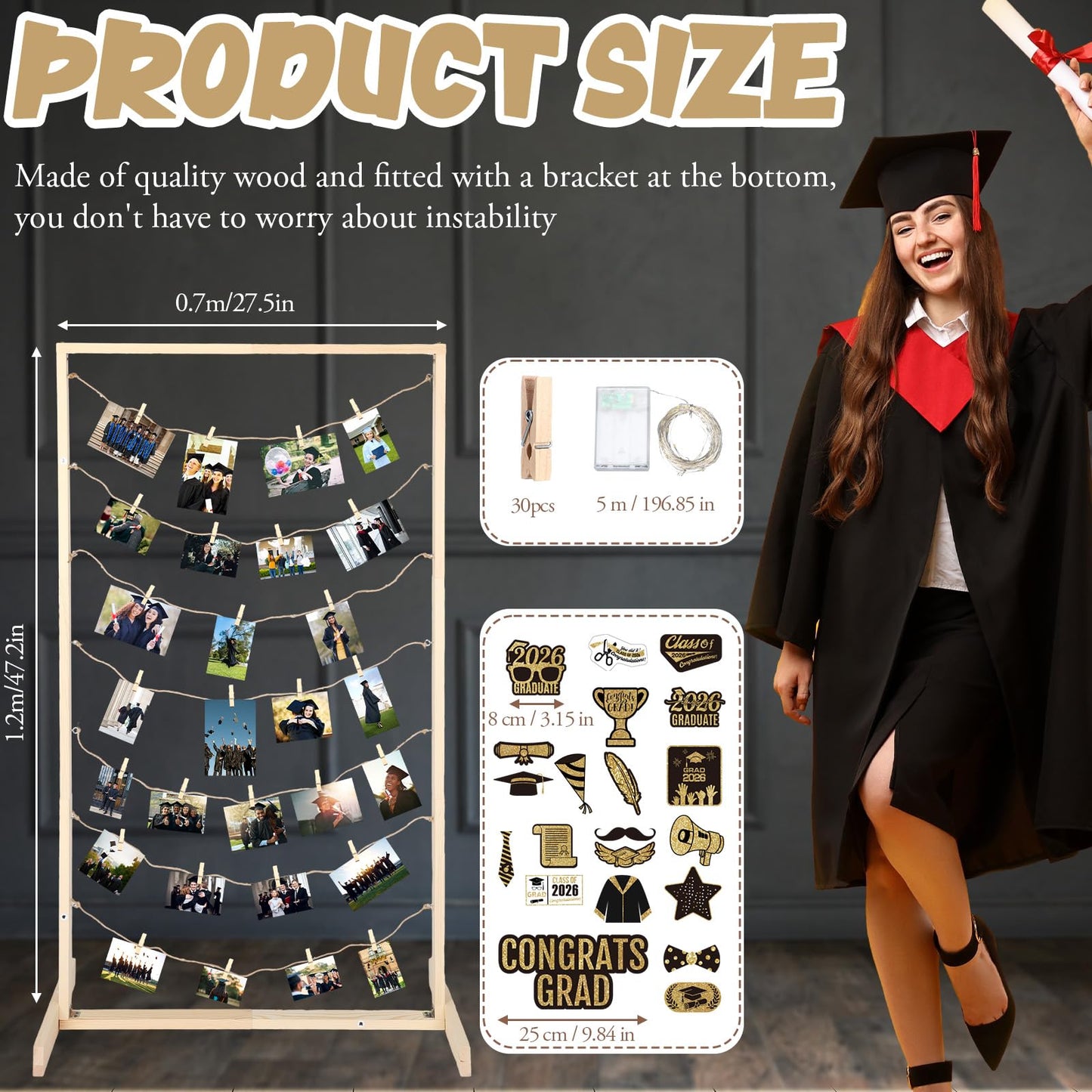 Colingmill 47 Inch Wooden Graduation Picture Display Frames Board Graduation Decorations Class of 2026 Standing Collage Picture Frame with String Light 30 Metal Clips for Grad Photo Party Decor