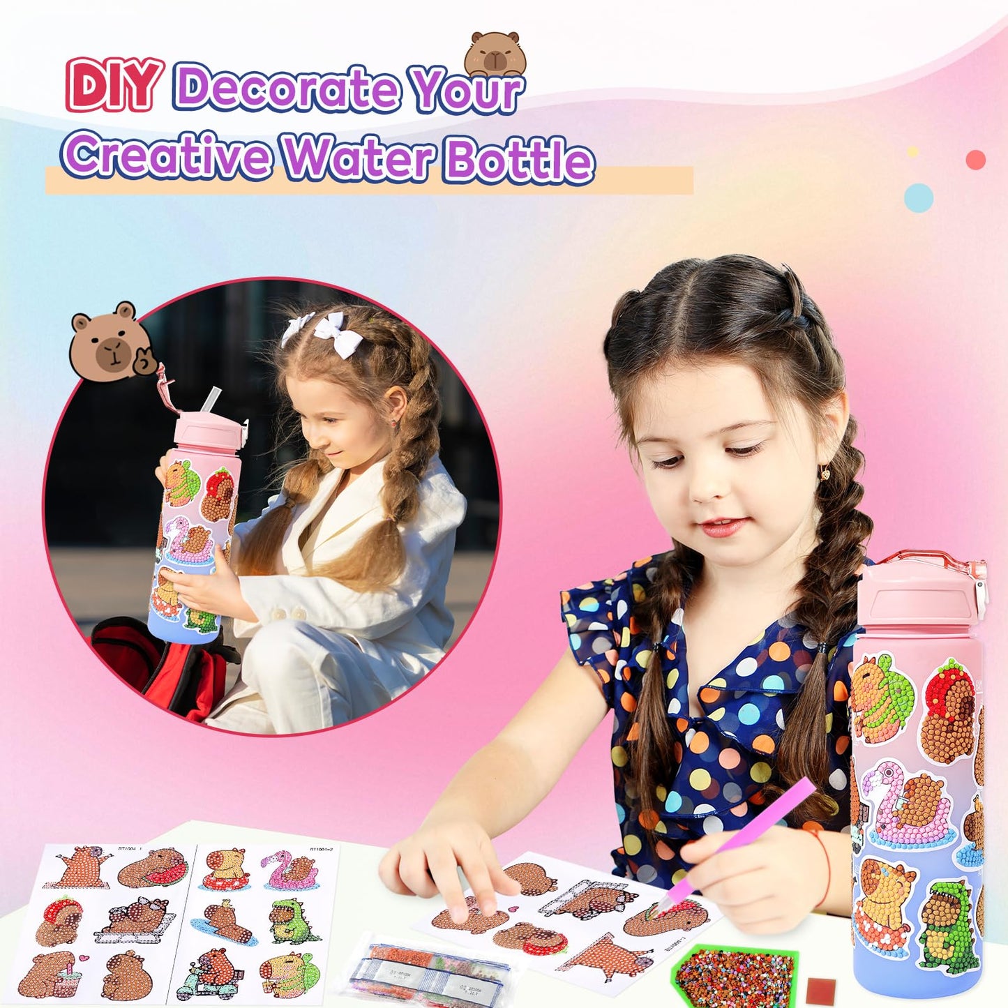 Ditucu Strawberry Capybara Plush Gifts for Girls 4 5 6 7 8 9 10 Years Old with Stuffed Animal/Stickers/Water Bottle/Bag/Coin Purse/Keychains/Hair Accessories/Comb/Necklace/Bracelet Plushies Toys Set