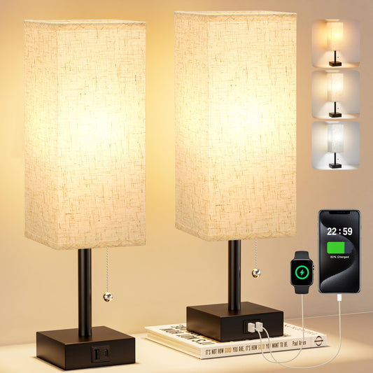 Fenmzee Bedside Lamps for Bedroom Set of 2 - Small Rectangular Nightstand Lamp with USB A C Charging Port, 3 Color Temperatures Desk Light with Bulb, Tabletop Reading Lamp for Living Room/Dorm/Office