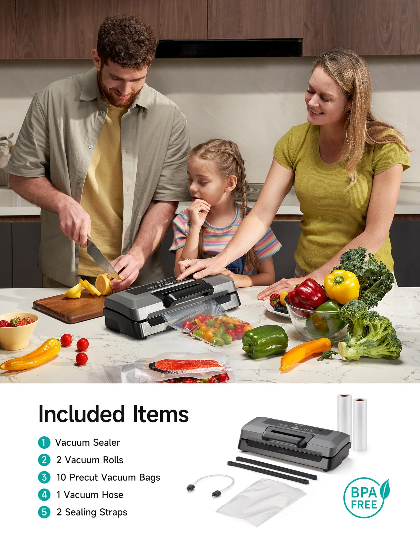 HiCOZY Vacuum Sealer for Food, Powerful Heat Food Sealer, Dry Moist 7-1 Multiple Automatic Modes, Easy-Lock Handle, Compact Design with 10 Vacuum Bags & 2 Bag Rolls, Bag Cutter Included, Space Gray