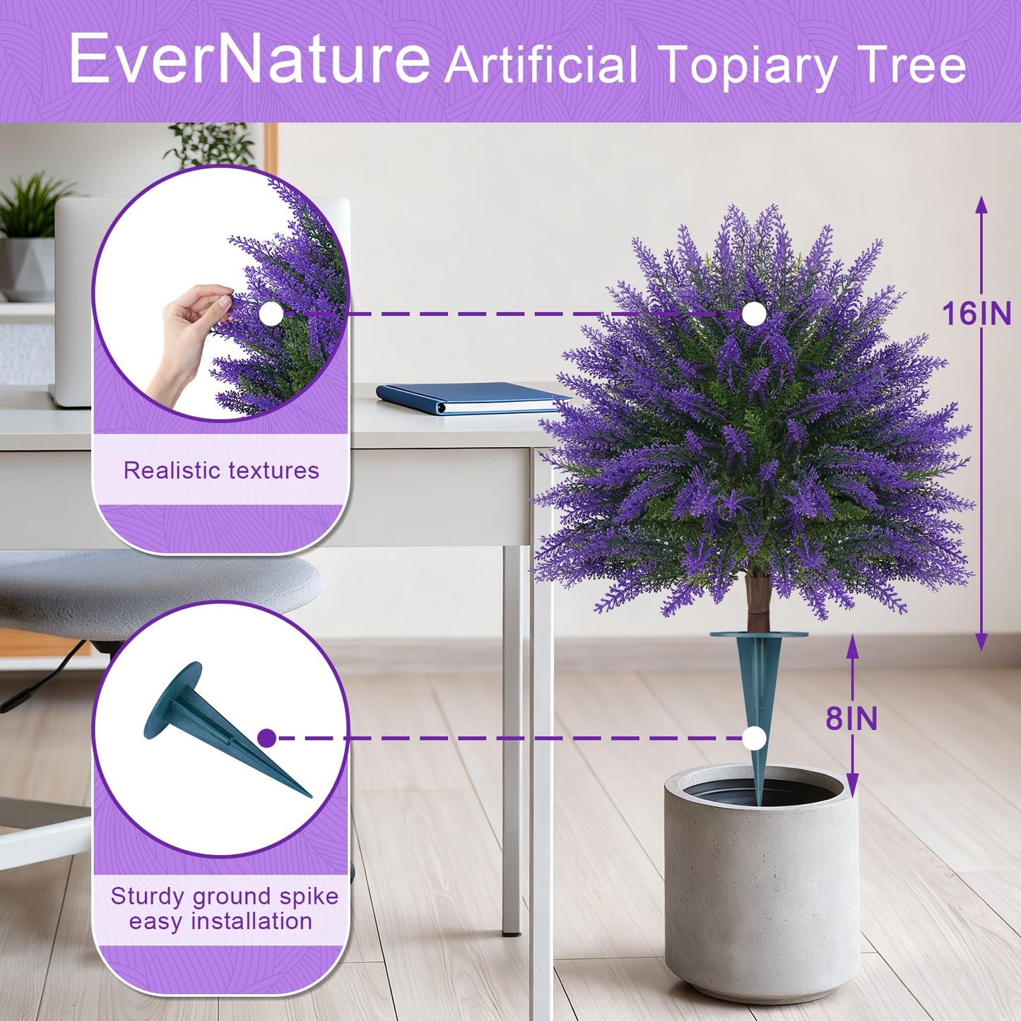 EverNature Artificial Lavender Topiary for Outdoors 2 Set of 16'' UV Resistant Evergreen Fake Shrubs Bushes with Ground Spike Topiary Ball Faux Plants for Outdoor Indoor Front Porch Garden