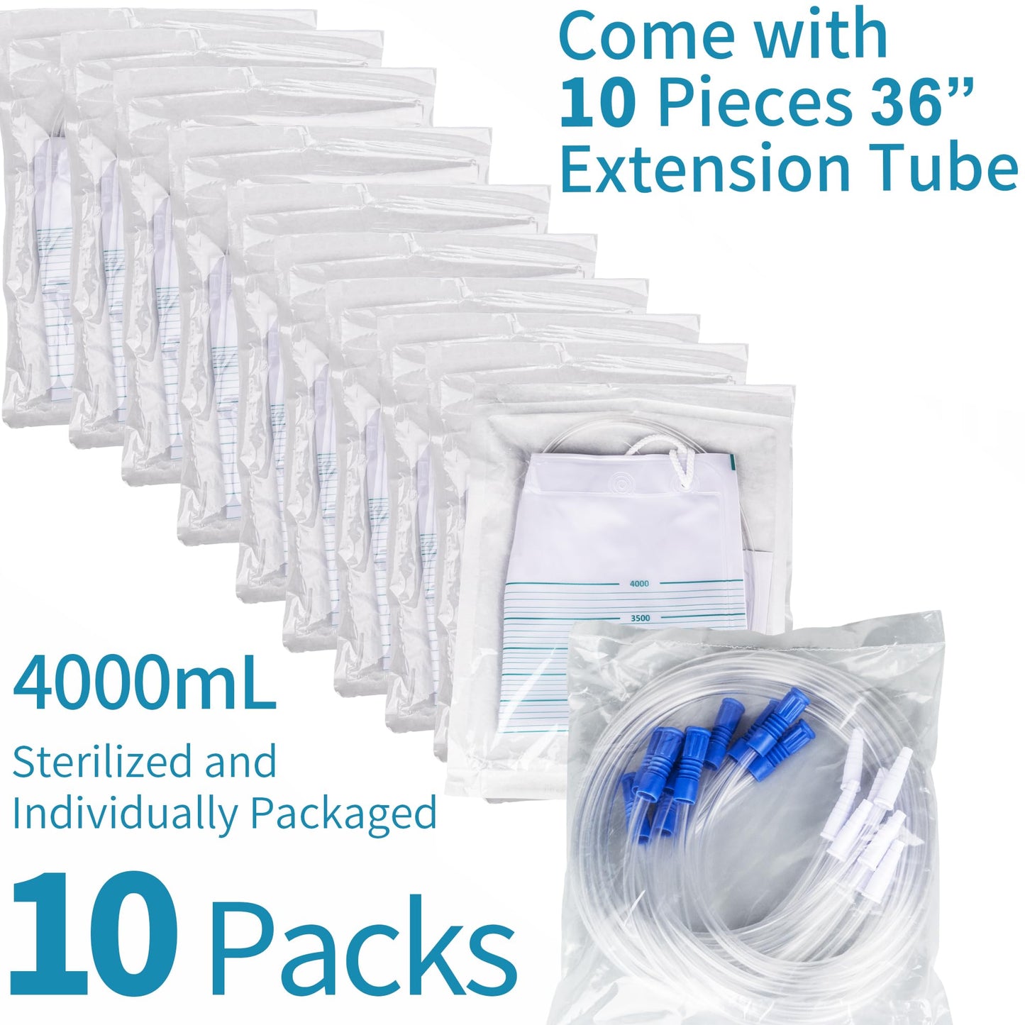 VWJ 10 Packs Urinary Drainage Bags, 4000mL Urinary Bags with 10PCS 36-inch Extension Tubes, Large Volume Anti-Reflux Drain Bags, Overnight Collector Urine Bags for Health Aids