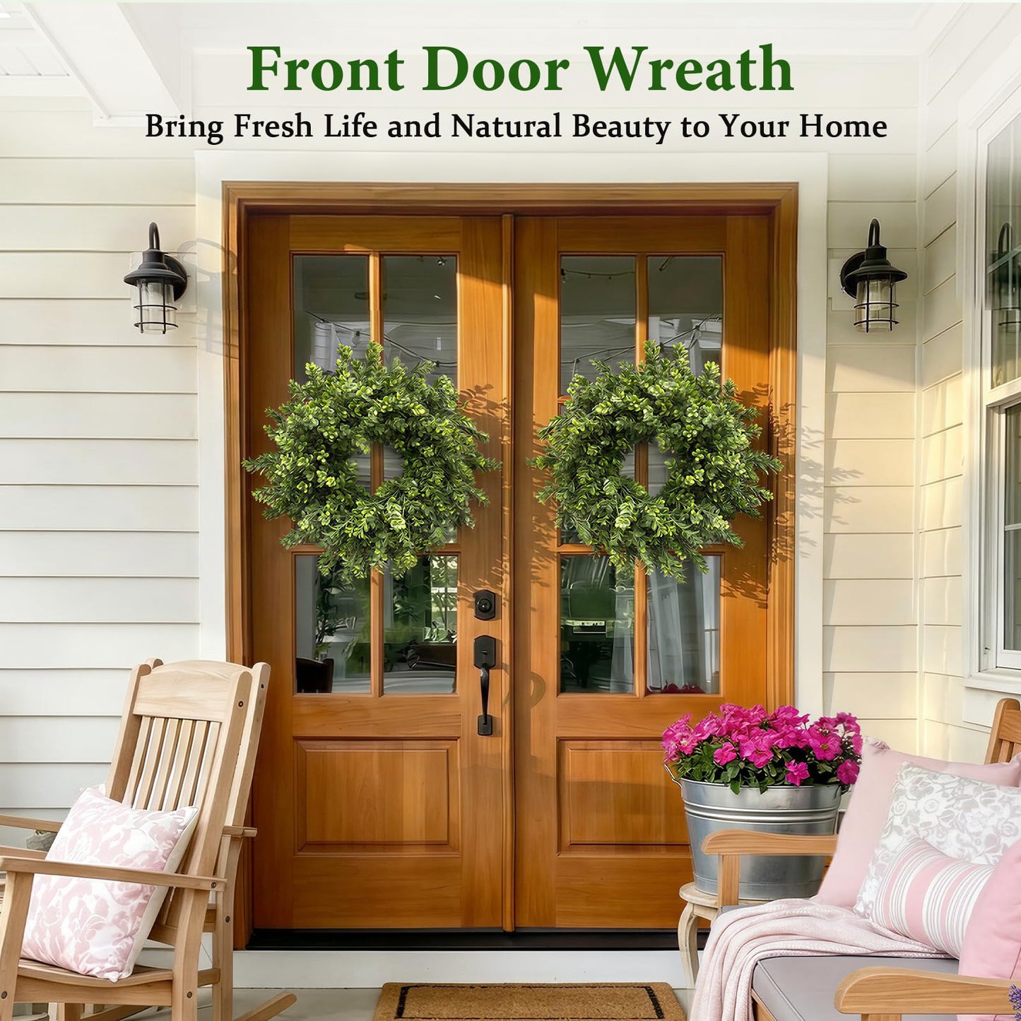 Presentastic 26 Inch Large Boxwood Wreaths for Front Door, Spring & Summer Artificial Wreath with Patriotic & Burlap Sash, Faux Greenery Year-Round Farmhouse Wedding Porch Window, Indoor Outdoor Decor