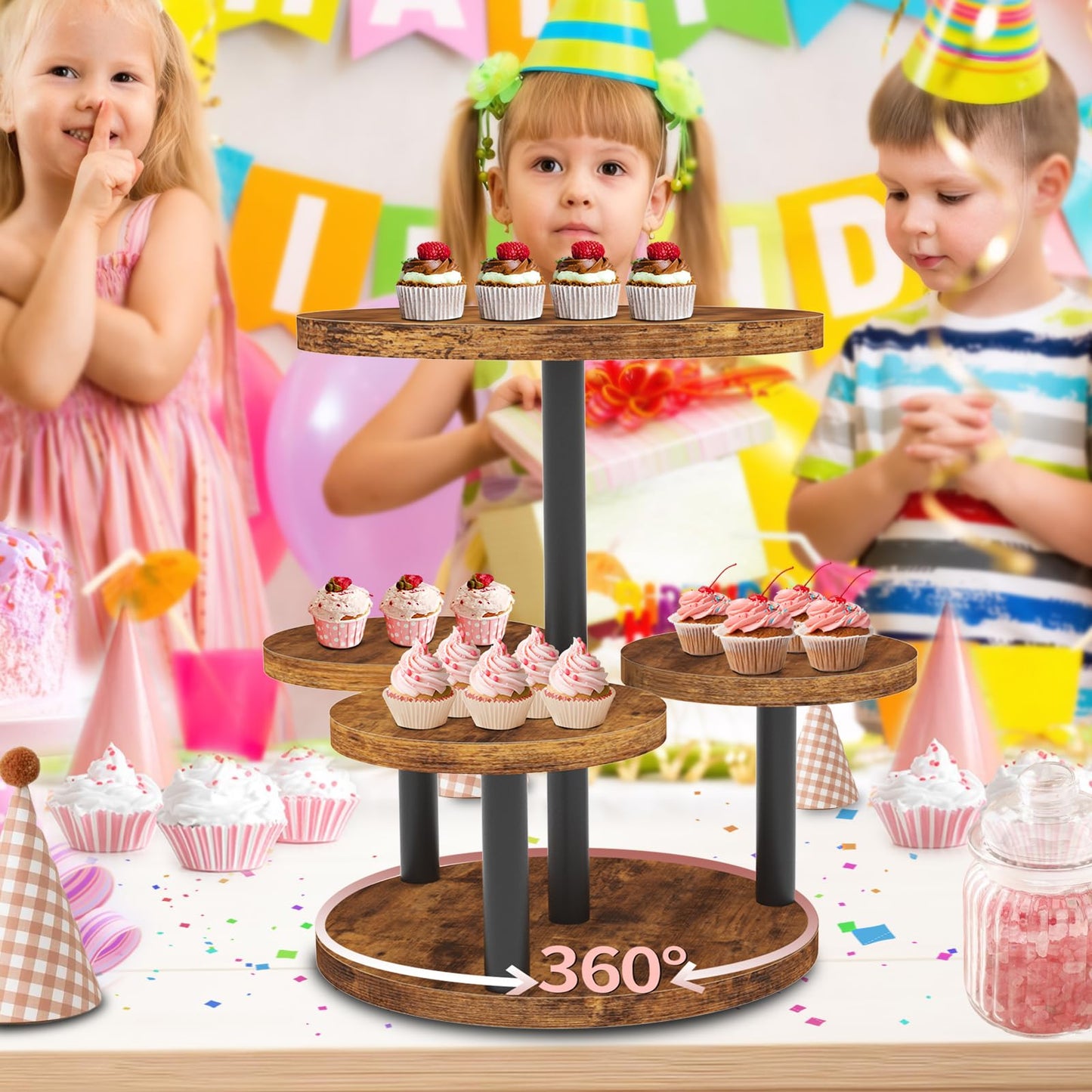 Cupcake Stand 4 Tier, 2 Pack 360° Rotatable Cupcake Stand, Rustic Industrial Wood Cupcake Tower Stand, Dessert Table Display Set Tiered Tray Stand, Round Serving Tray for Party Wedding Birthday