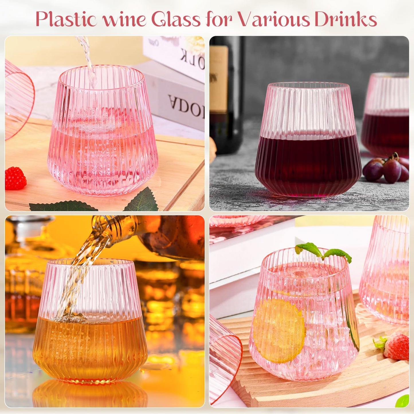 24 Pack Pink Plastic Wine Cups, 14oz Disposable Stemless Ribbed Wine Glasses, Cute Clear Unbreakable Outdoor Cocktail Glasses, Heavy Duty Plastic Drinking Cup for Galentine Wedding Party Mimosa Bar