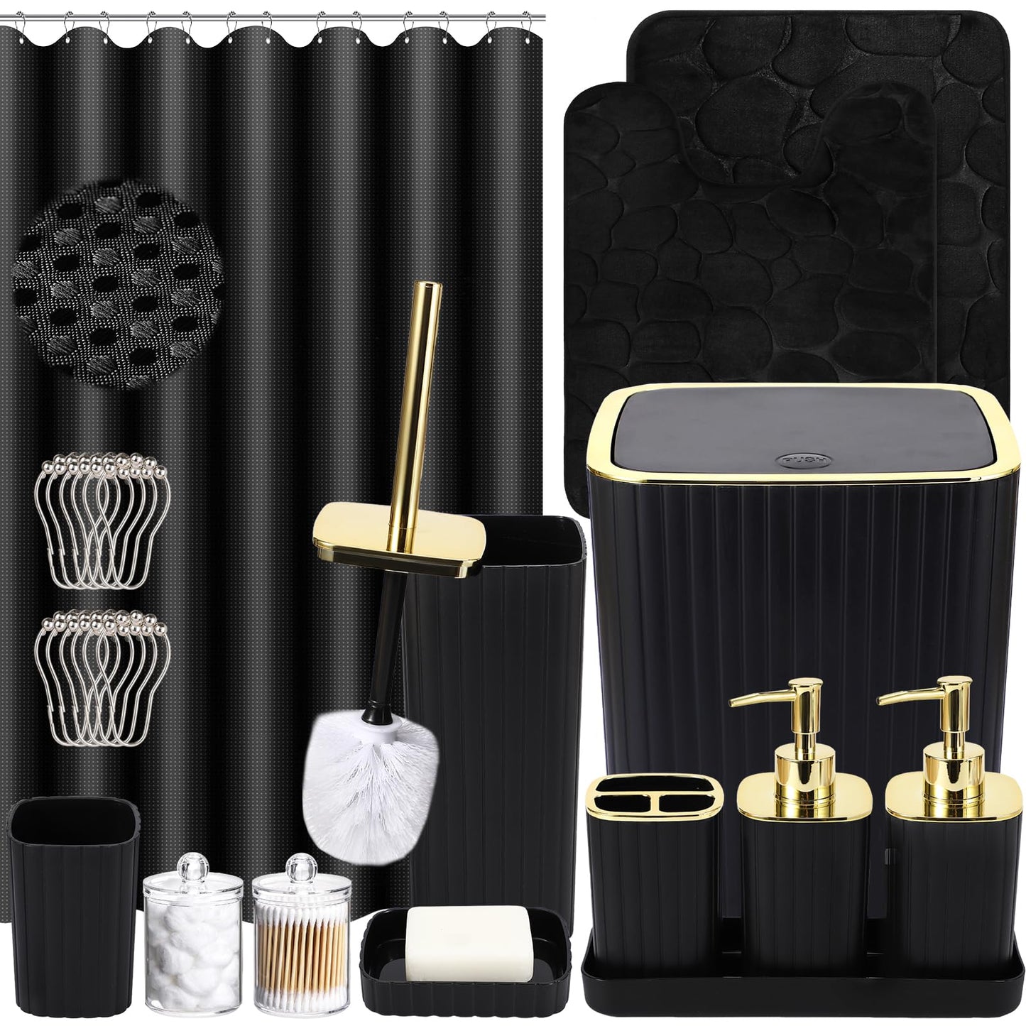 XLHOMO Bathroom Set with Shower Curtain and Rugs- 25PC Bathroom Accessory Set, Black Shower Curtain Set, Toilet Brush, Trash Can, Qtip Holder & Soap Dispenser