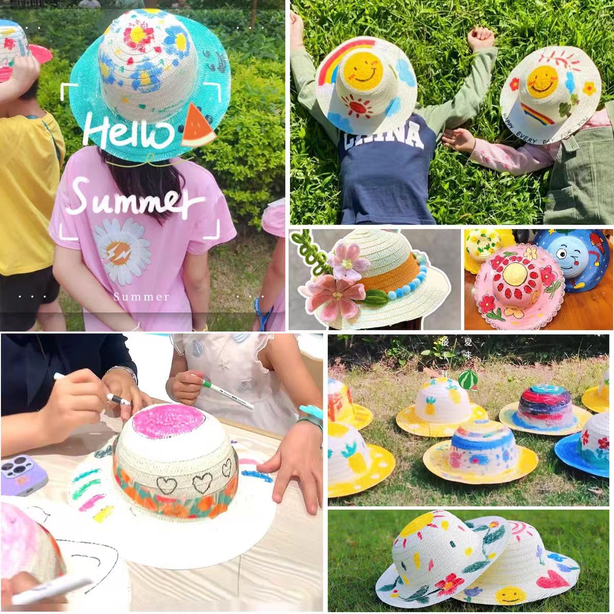 Cumuiu DIY Straw Hat Craft Painting Hats Handmade Hat Tea Party Hats Cap Beach Sun Hat Art Painting Hat with Paints & Brush (US, Age, 3 Years, 5 Years, 10)