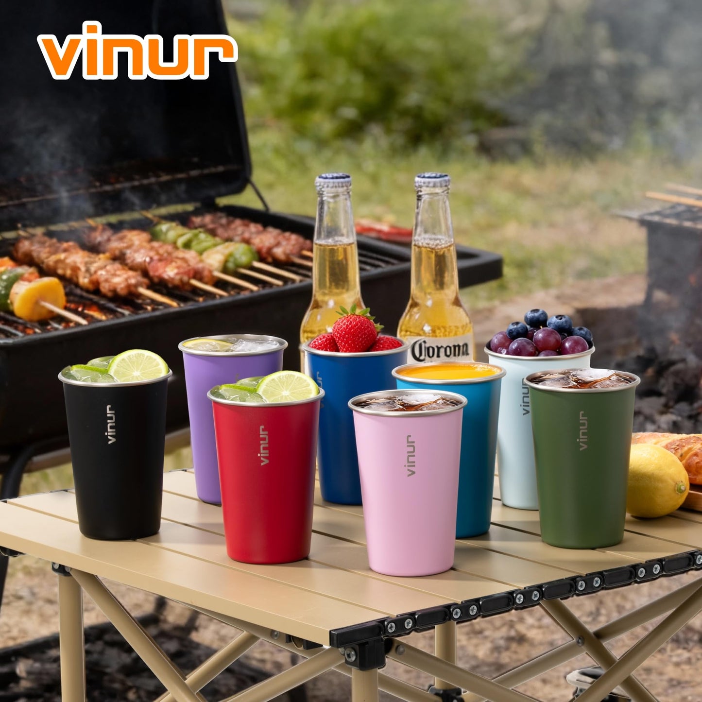 VINUR Stainless Steel Cups-8 Pack 16 oz Pint Cup Tumbler Stackable Colorful Metal Drinking Glasses for Camping, Restaurant, Bar