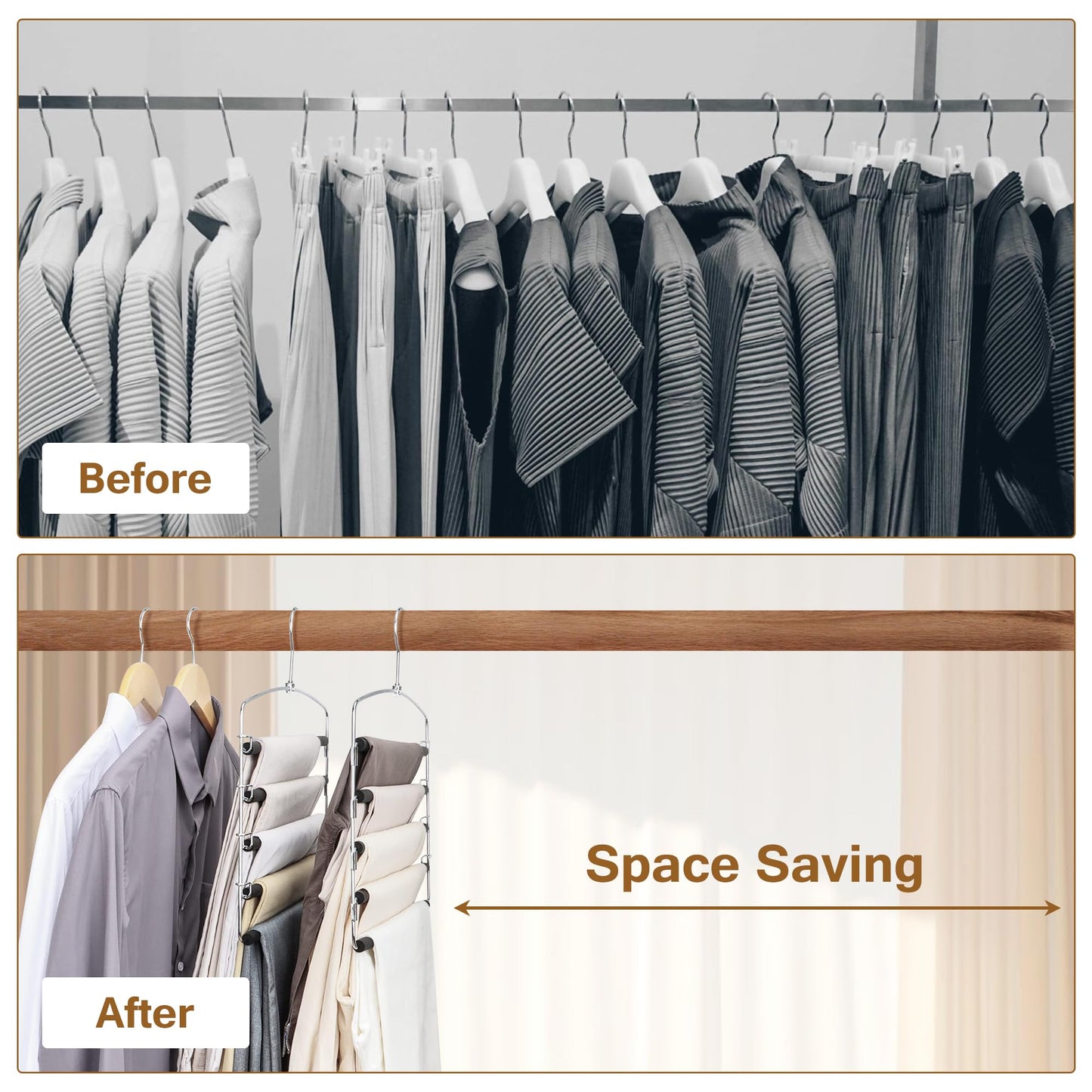 Cycleacc Pants Hangers, 6 Pack Anti-Slip Space Saving Hangers, 5 Layer Swing Arm Pants Hanger Stainless Steel with Non-Slip Padding, Closet Organizers & Storage for Pants Trousers Jeans Scarf
