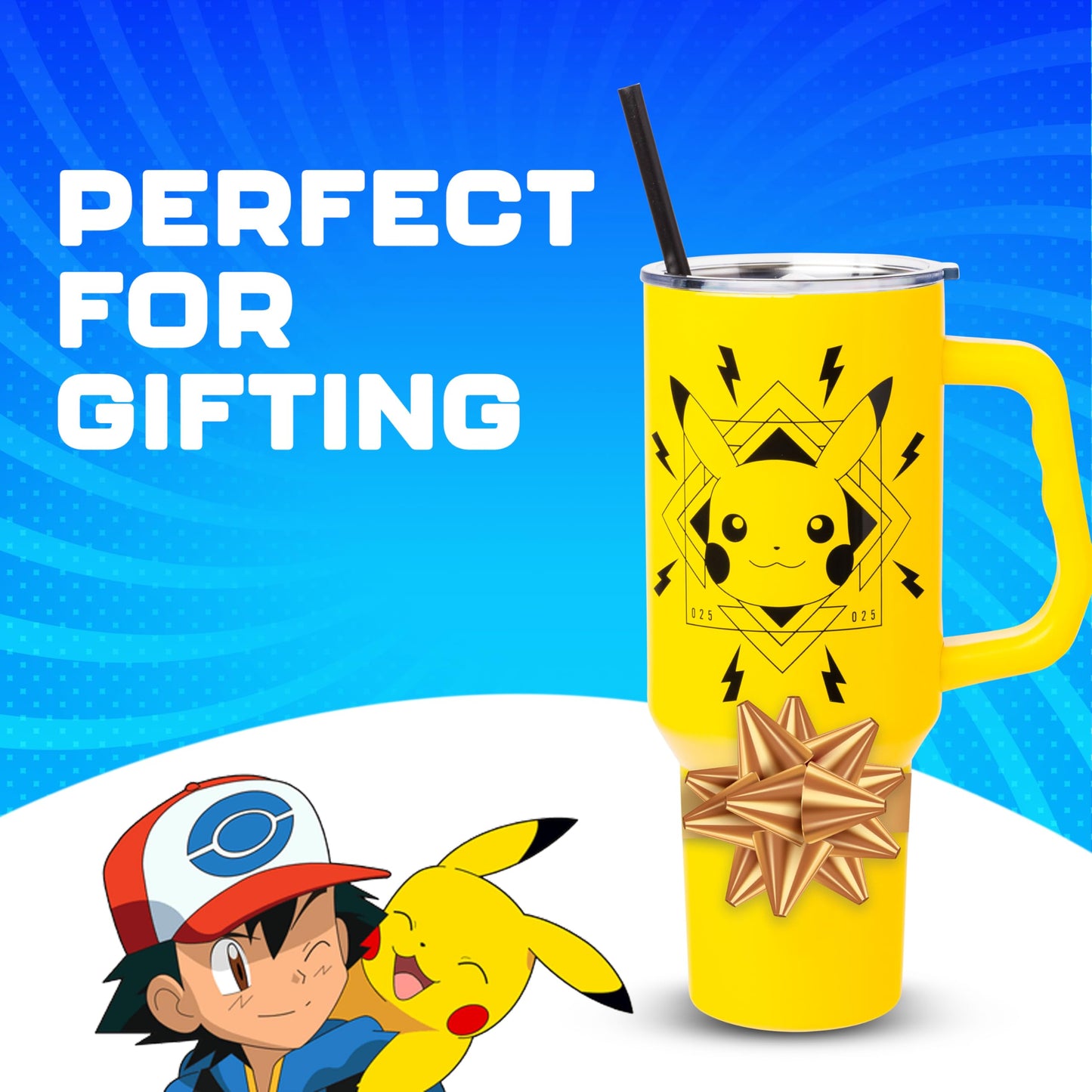 Silver Buffalo Pokémon Featuring Pikachu Lightning Double Walled Stainless Steel Tumbler with Handle, Fits in Standard Cup Holder, 40 Ounces
