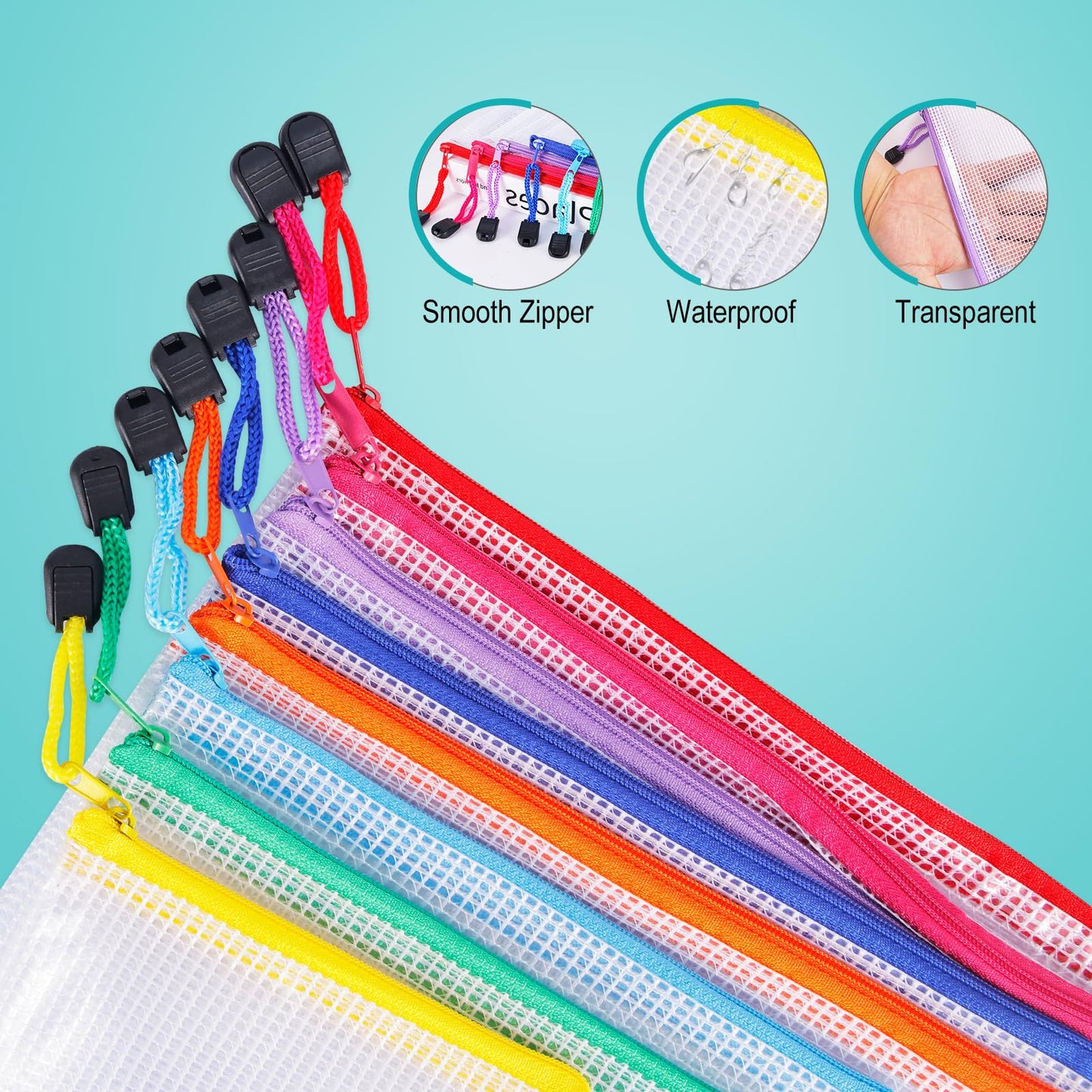 64pcs A4 Mesh Zipper Pouch Bags, Mesh Bags with Zipper Bulk, Pouches for Organization, Clear Storage Bags for Classroom, Travel, Office, Board Game