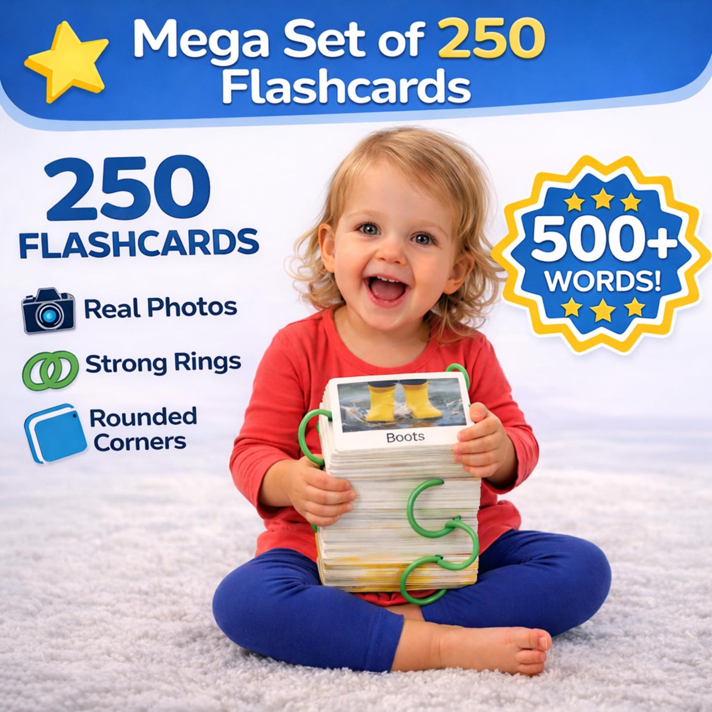 TOYVENTIVE Educational Cards for 1-3 Years Old Kids with Circle, 250 Double Sided Cards, 500 Words, Gifts for 1 Year Old, Teaching Cards for Toddler, Educational Toys and