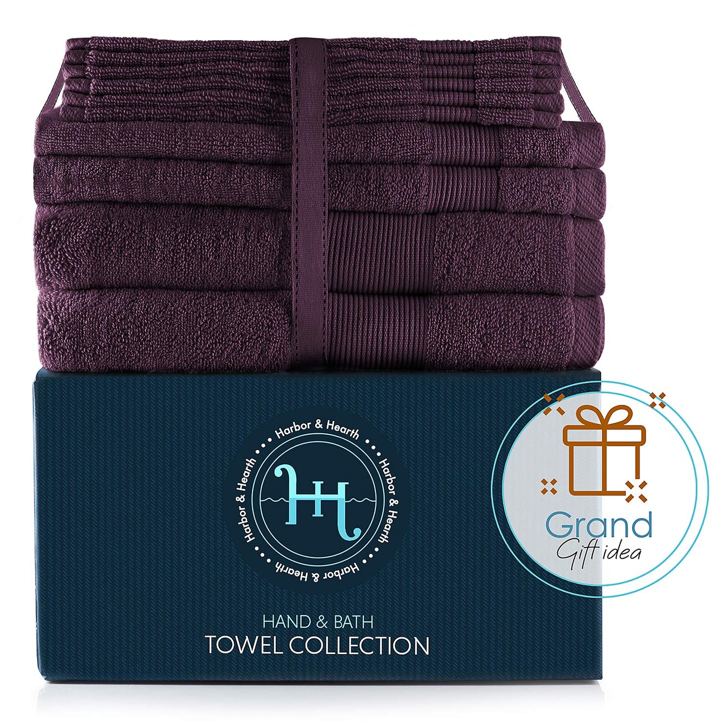 Hearth & Harbor Bath Towels for Bathroom - 100% Ring Spun Cotton Luxury Bathroom Towels - Ultra Soft & Highly Absorbent, Bath Towels Set of 10 - Purple Eggplant