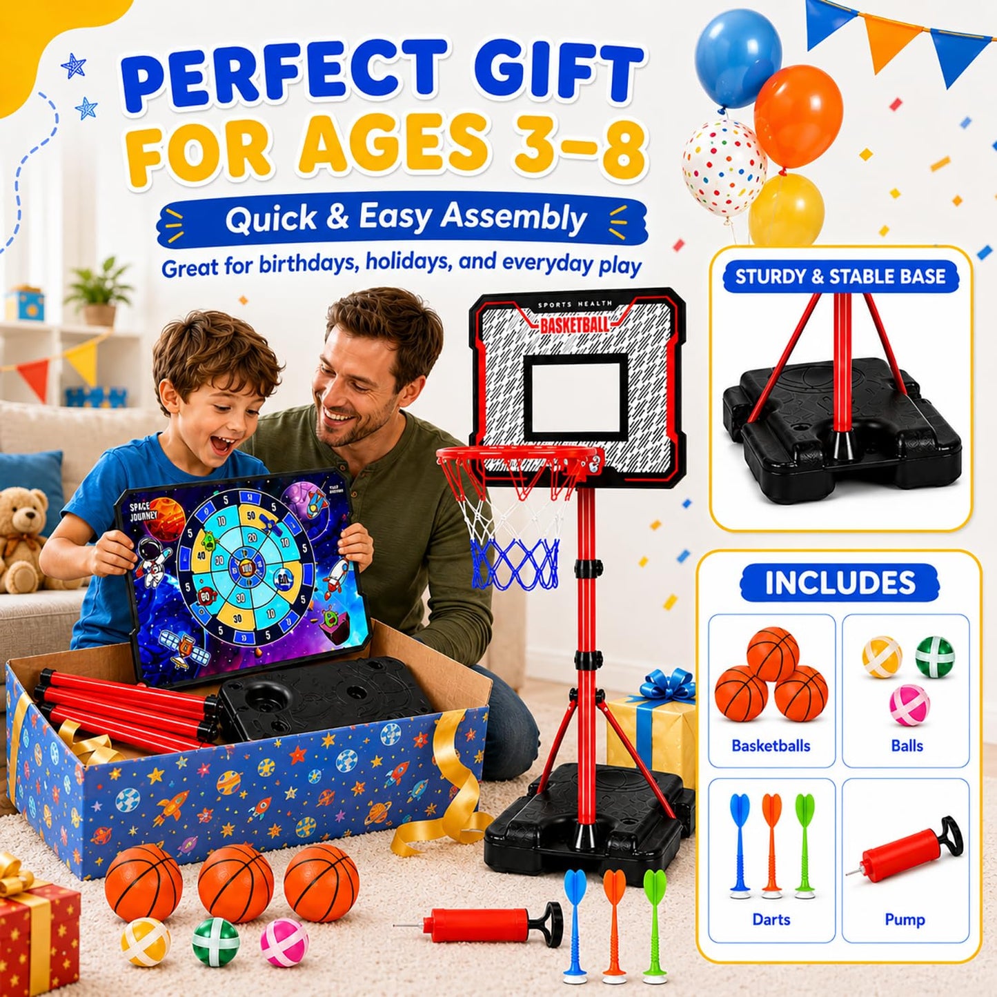 MinoSkia 3-in-1 Kids Basketball Hoop with Dart Game, Height Adjustable 3.5-6.2FT Indoor Outdoor Portable Kids Basketball Hoop for Boys & Girls Ages 3-8, Includes Pump & Balls, Space Theme Dart Board