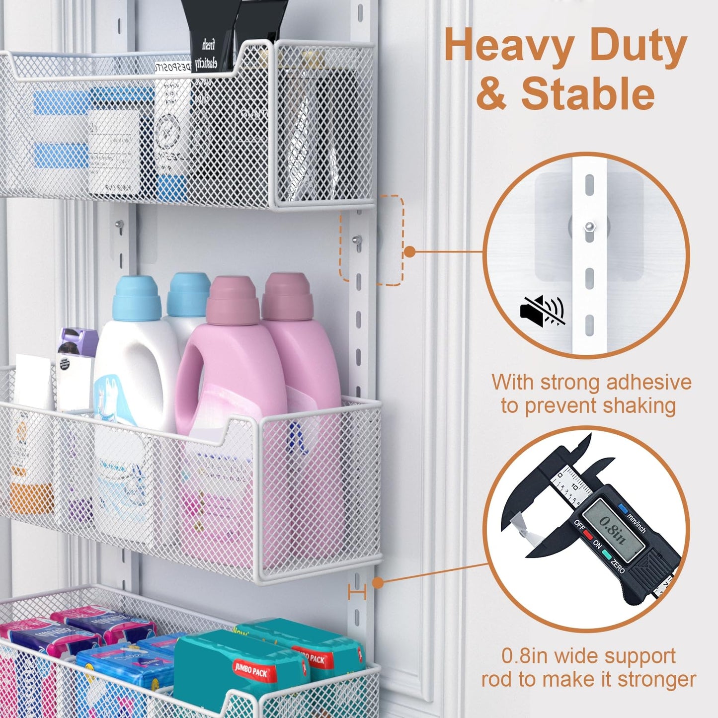 VyGrow Over The Door Organizer, Metal Door Organizer Hanging with 5 Adjustable Baskets and Coat Hook, Behind The Door Storage for Bedroom Closet Bathroom Pantry Cabinet Kitchen, White