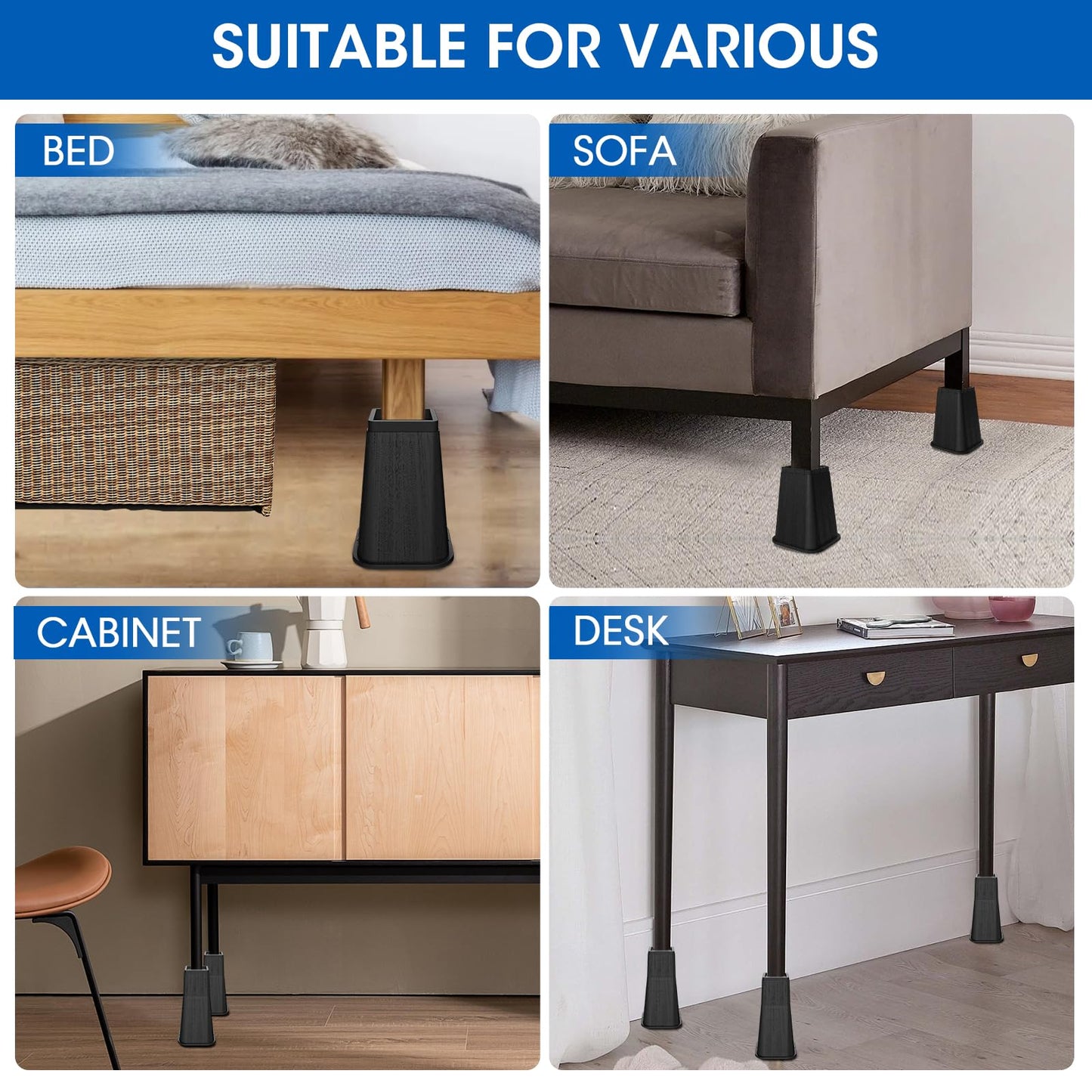 MYMULIKE Bed Risers 12 Inch Heavy Duty, Stackable Furniture Risers Lifts 4inch 8inch, 12inch for Table, Desk Leg, Sofa, Couch, Supports Up to 6,000 Lbs, Black, 4 Pack