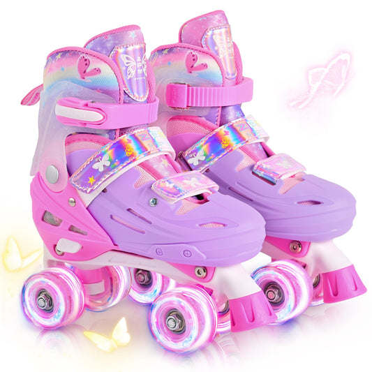 2PM SPORTS Roller Skates Girls Ages 5-8 8-12 3-5 4-7 6-12 with Light Up Wheels, Outdoor Indoor Girls Rollerskates for Kids Beginner Size 10C 11C 12C 13C 1 2 3 4 5 6 Pink Butterfly